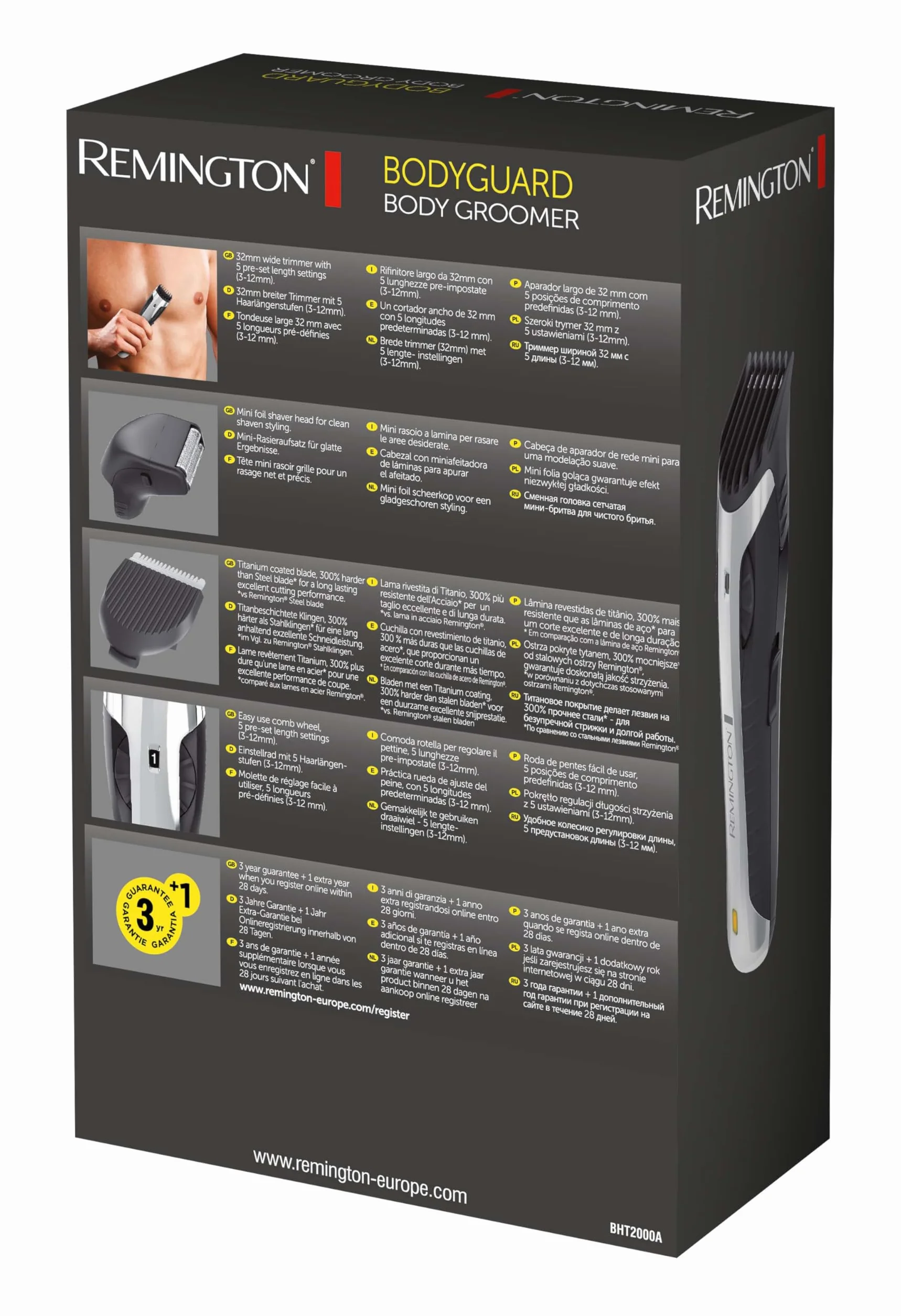 Remington BHT2000A Rasoio Corpo Lame Titanio Autoaffilanti Testina Lamina 5 Lunghezze Resistente Acqua