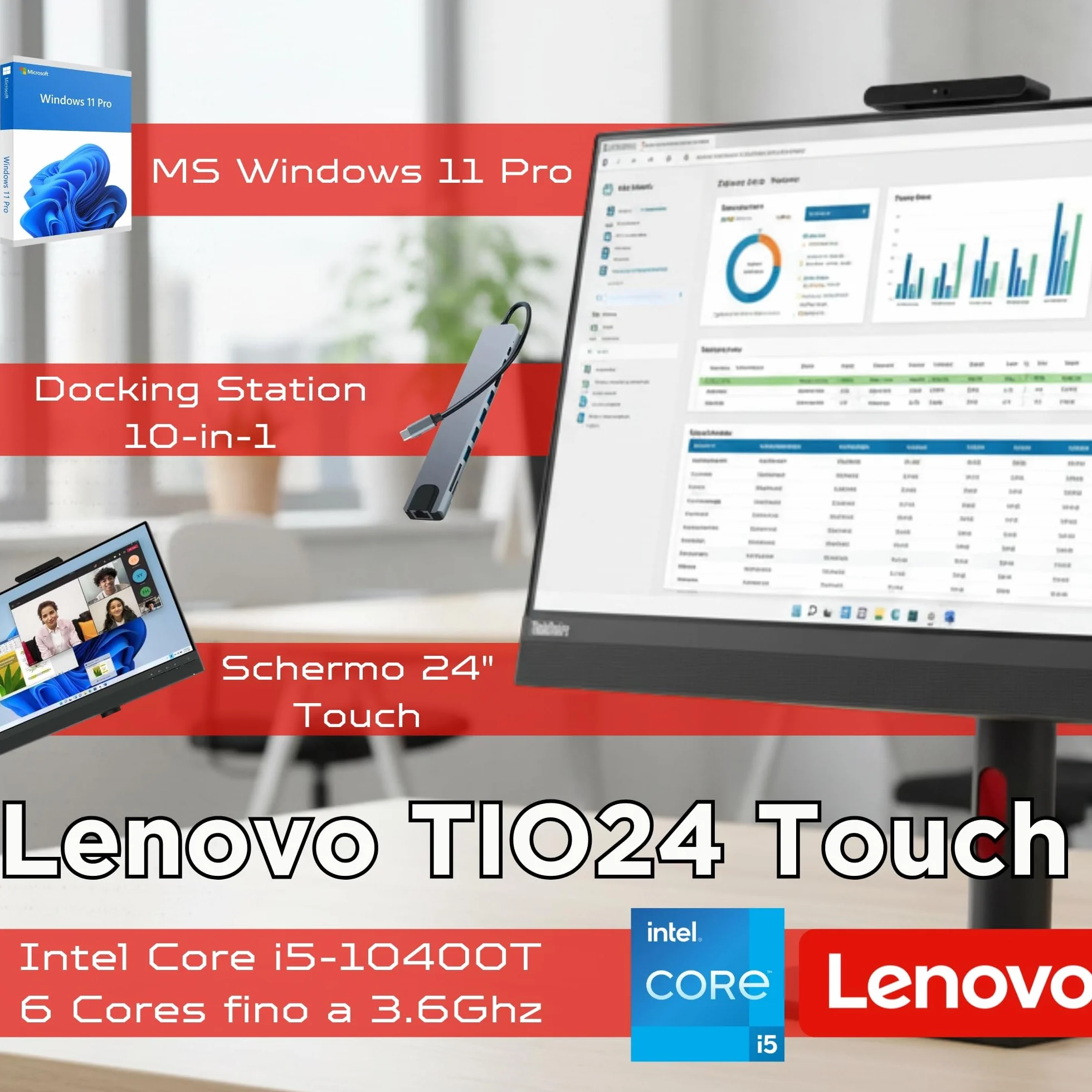 Lenovo All-in-One 24" Touch Screen i5-10500T 3.80GHz 16GB RAM 1000GB SSD Windows 11 Pro Office USB-C Garanzia 36 Mesi