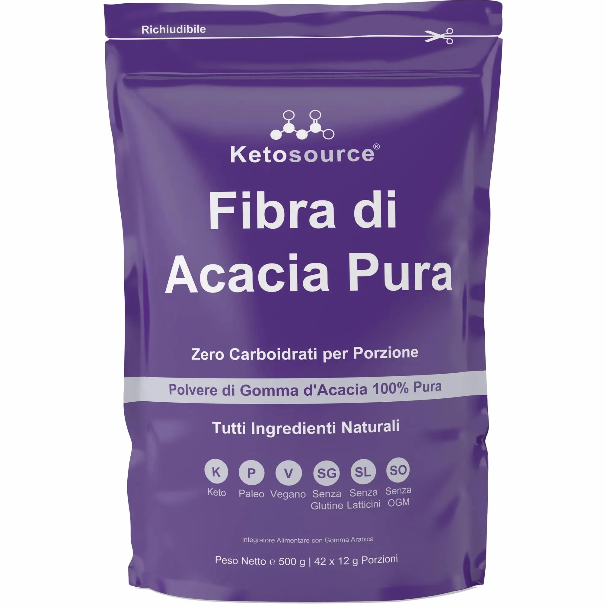 Fibra di Acacia Pura 500g Integratore Alimentare Prebiotico Zero Calorie Chetogenica