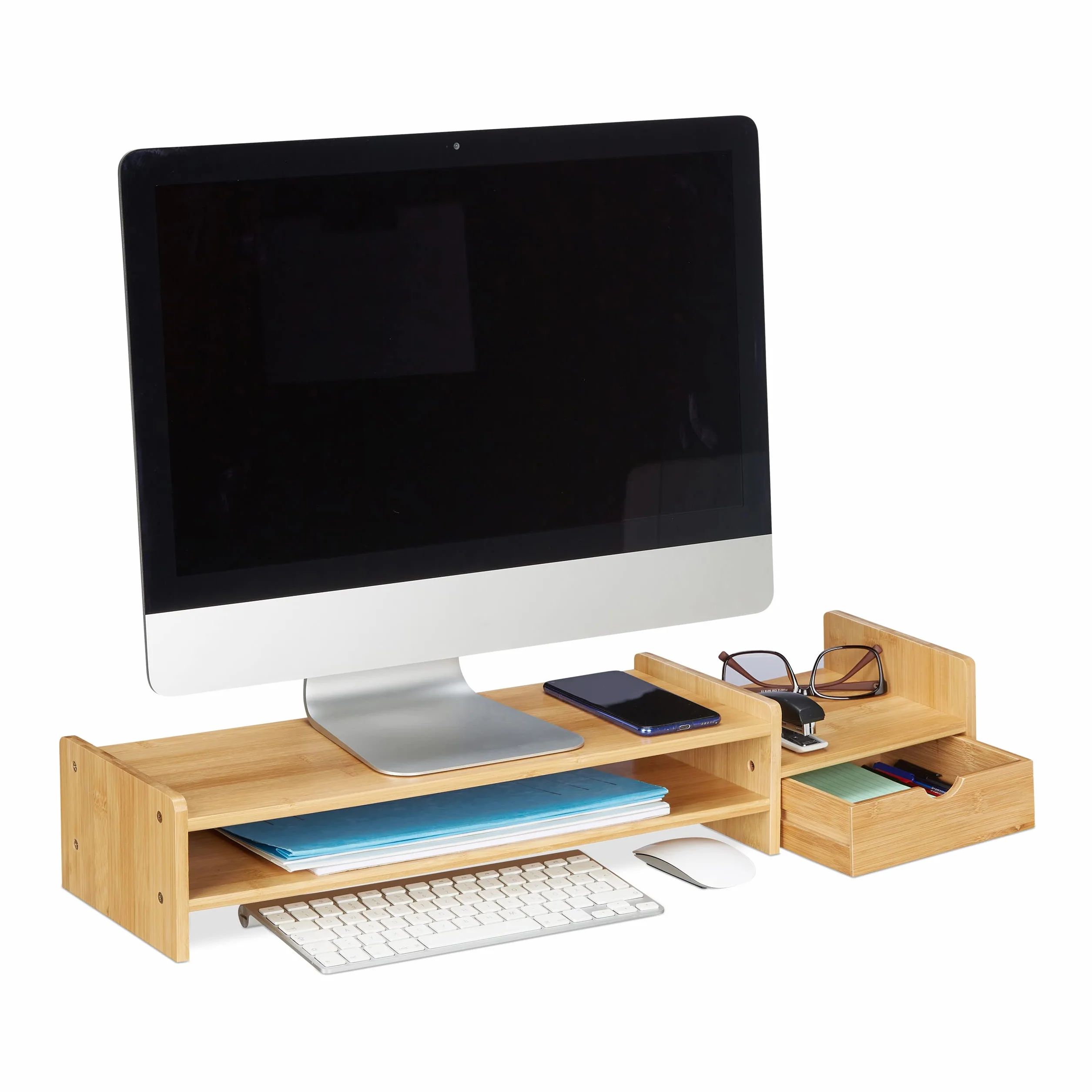 Relaxdays Supporto per Monitor, Rialzo per Schermo con Cassetto, Stand Computer Portatile, HLP 12 x 70 x 19 cm, Naturale
