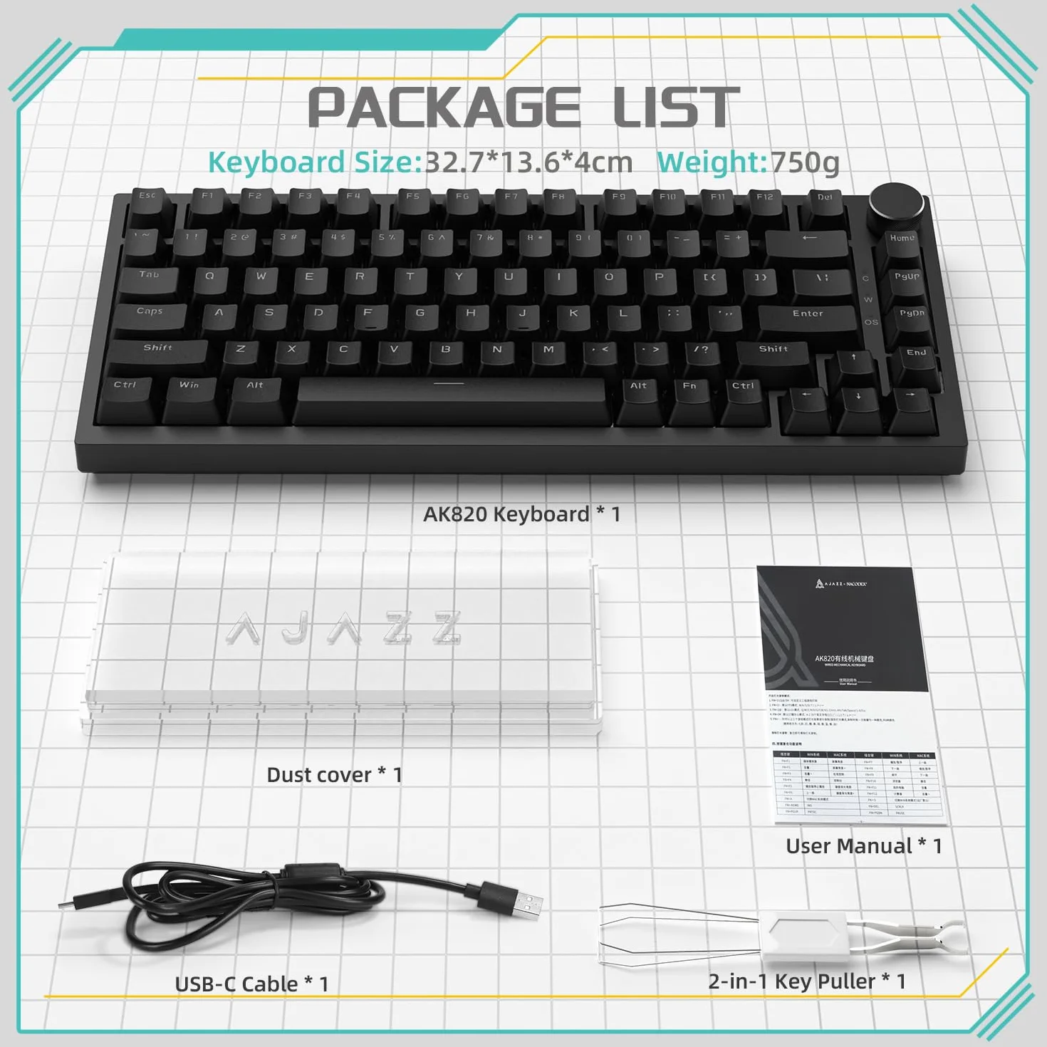 YINDIAO Ajazz AK820 Tastiera Meccanica con Manopola,Layout ANSI 75%,Tastiera da Gioco Cablata 81 Tasti, 5 Schiuma Fonoassorbente,Hot-swap,Interruttore Blu,Luce Bianca Ghiaccio,per PC,MAC (Nero)