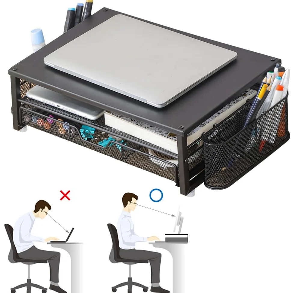 Supporto per monitor per computer a 2 livelli con cassetto e 2 portapenne, organizer da ufficio, supporto per monitor, accessori da scrivania per ufficio