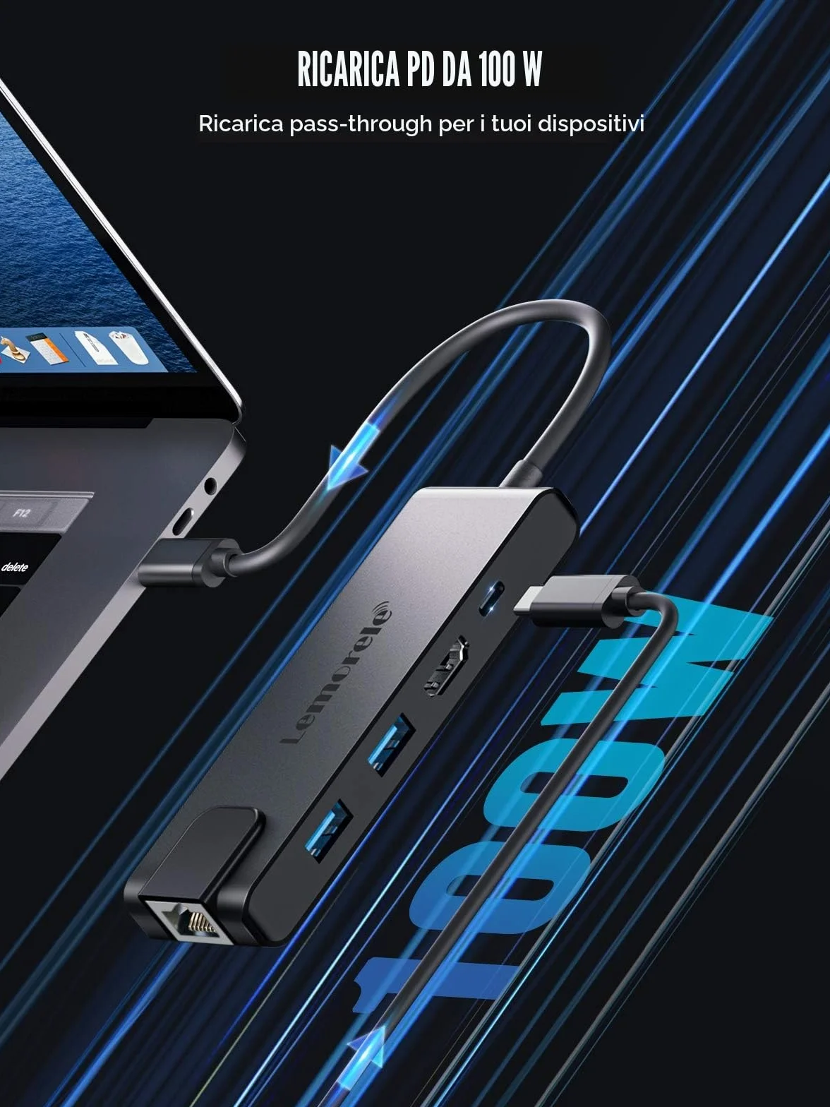 Lemorele Hub USB C con Gigabit, adattatore USB C 5 in 1 a RJ45 Ethernet 1000Mbps, 4K HDMI, 2 USB 3.0, 100W PD, per SteamDeck, MacBook Pro/Air, iPad, ChromeBook Pixel, Matebook, PC Tablet Type-C