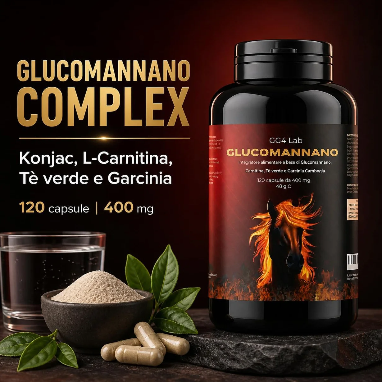 GG4Lab Glucomannano Konjac 1200mg 120 Capsule Fibra Saziante con L-Carnitina e Tè Verde Vegano Senza Glutine