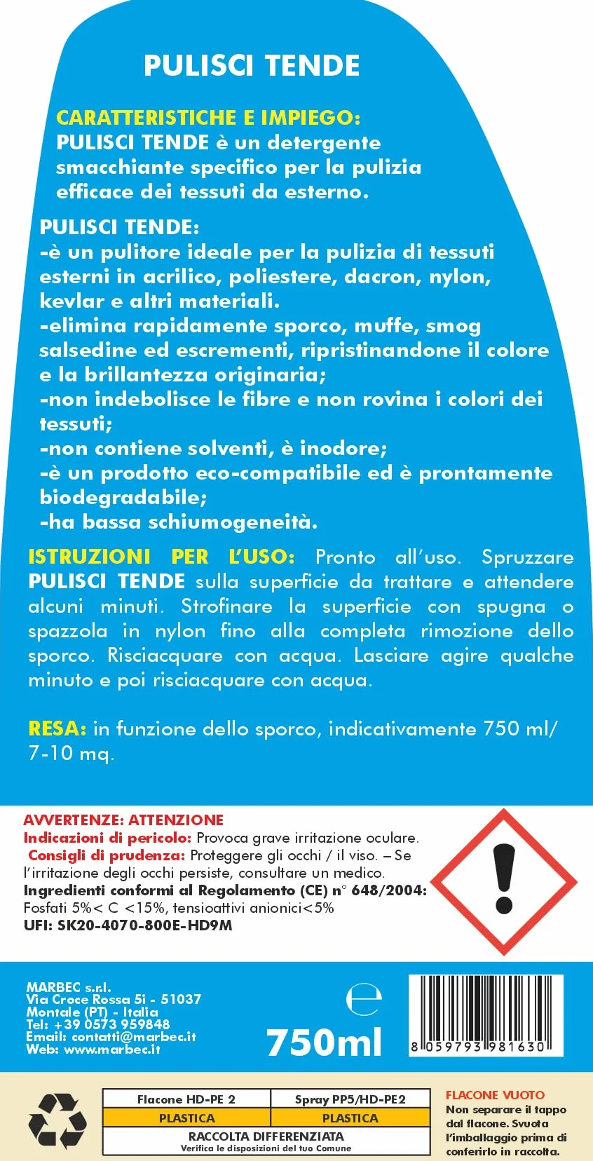 MARBEC PULISCI TENDE 750ML Detergente smacchiante per tessuti tende gazebo