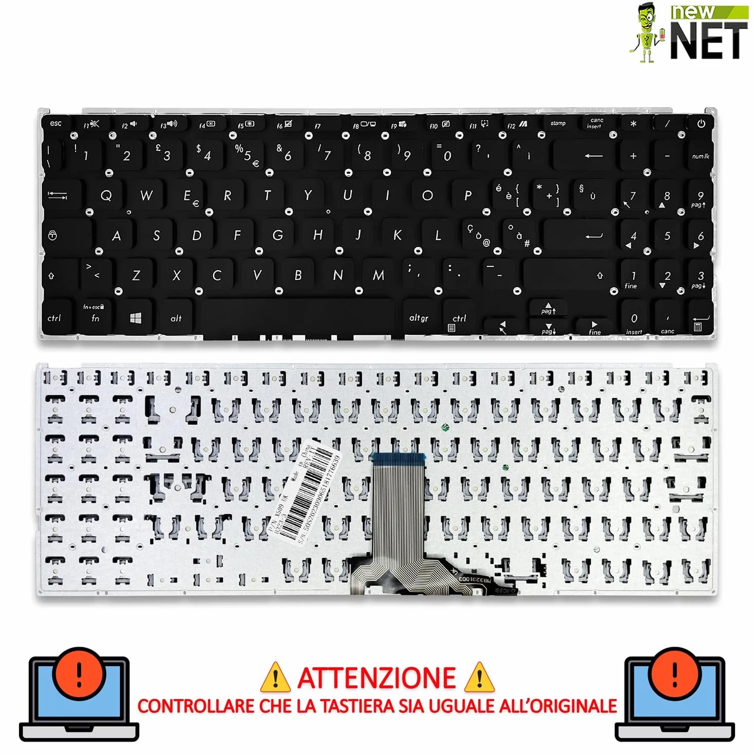 new net - Tastiera compatibile con Notebook ASUS X515JP, X515KA, X515MA, X515MA-BR037T, X515MA-EJ490T, X515MANS, X515UA [Senza frame - colore tasti Nero - Layout ITA]