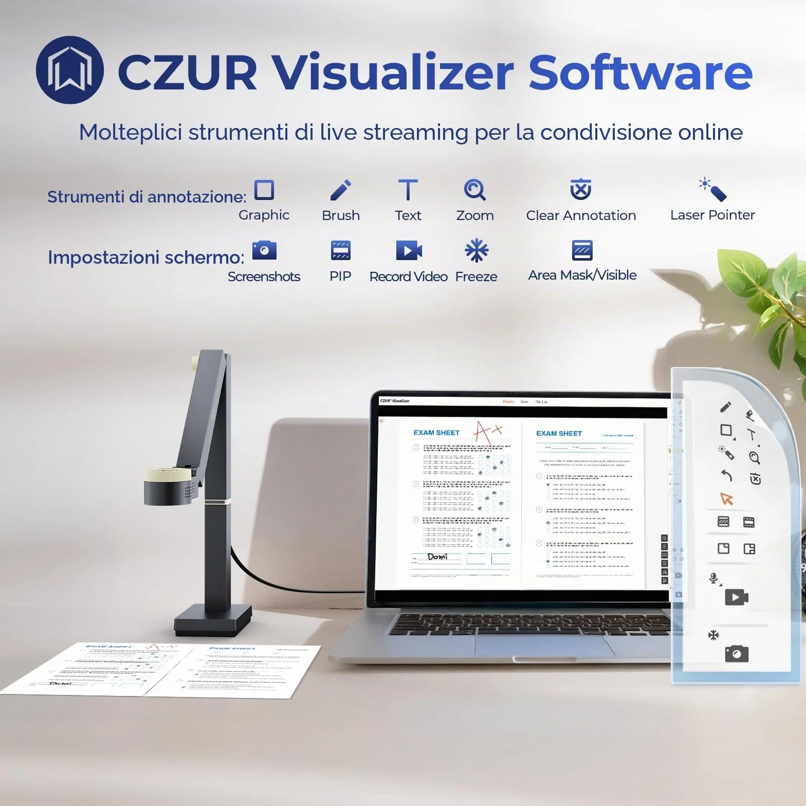 CZUR Fancy S Pro 12 MP Fotocamera per Documenti 4K Pieghevole Visualizzatore Webcam 1080P@60 FPS Doppio Autofocus A3 LED Grigio