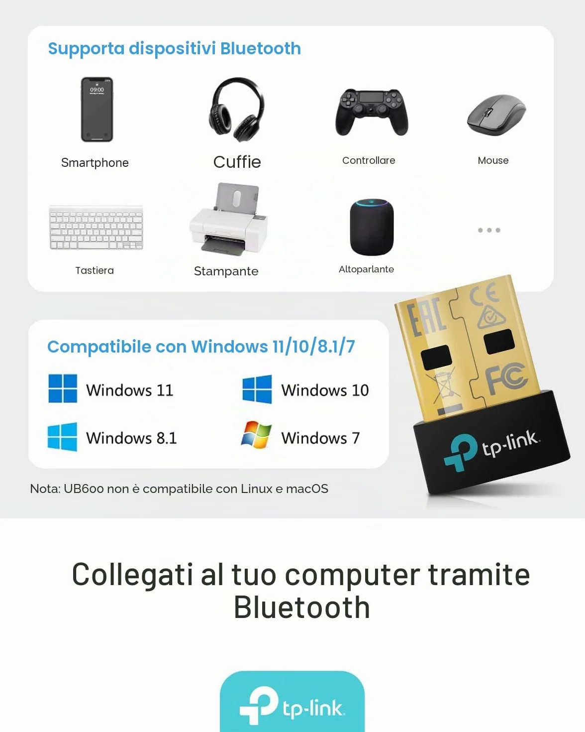 TP-Link UB600 Bluetooth 6.0 Nano USB Adattatore Bluetooth per PC, Compatibile con PS5/PS4/Telefono/Cuffie/Tastiera/Mouse, Windows 11/10/8.1/7