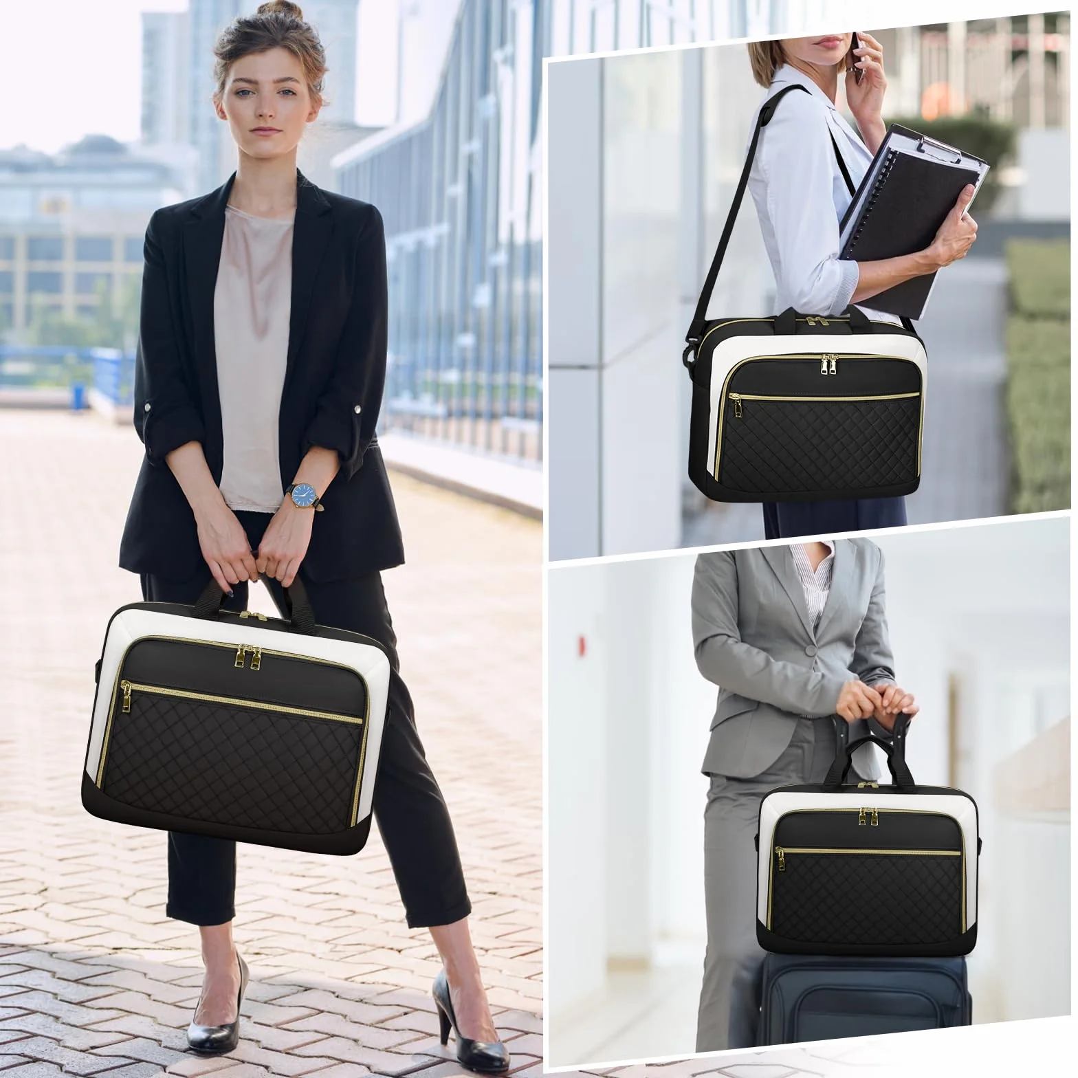 NEWHEY Borsa Porta PC 17.3 Pollici Borsa da Lavoro Donna Impermeabile Borsa Computer Grande Borsa Messenger Valigetta Portadocumenti Tracolla per Ufficio, Università, Scuola，Nero e beige