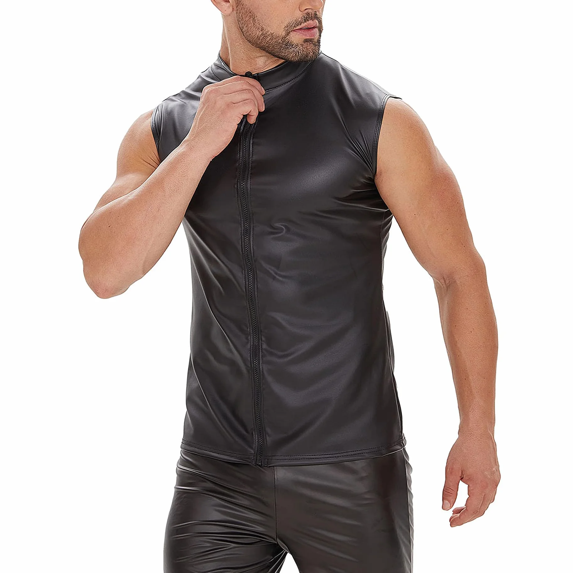 Maglietta da uomo in lattice nero effetto bagnato senza maniche pelle opaca erotica