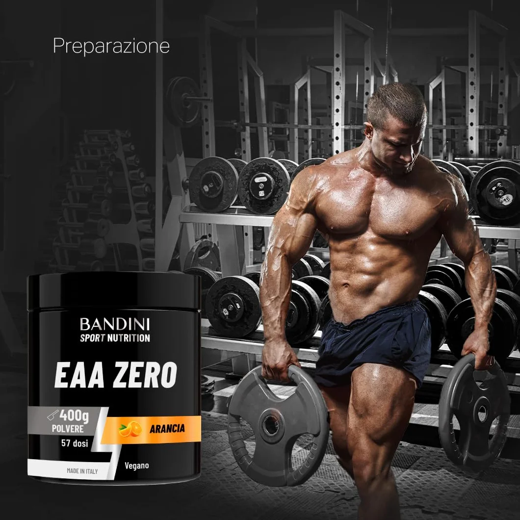 Bandini EAA Essential Amino in polvere 400 g 9 Amminoacidi Essenziali BCAA 2:1:1 Recupero Muscolare Vegan Gusto Arancia