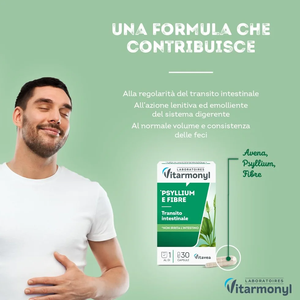 Psyllium e Fibre Integratore Transito Intestinale con Avena 30 Capsule Vitarmonyl