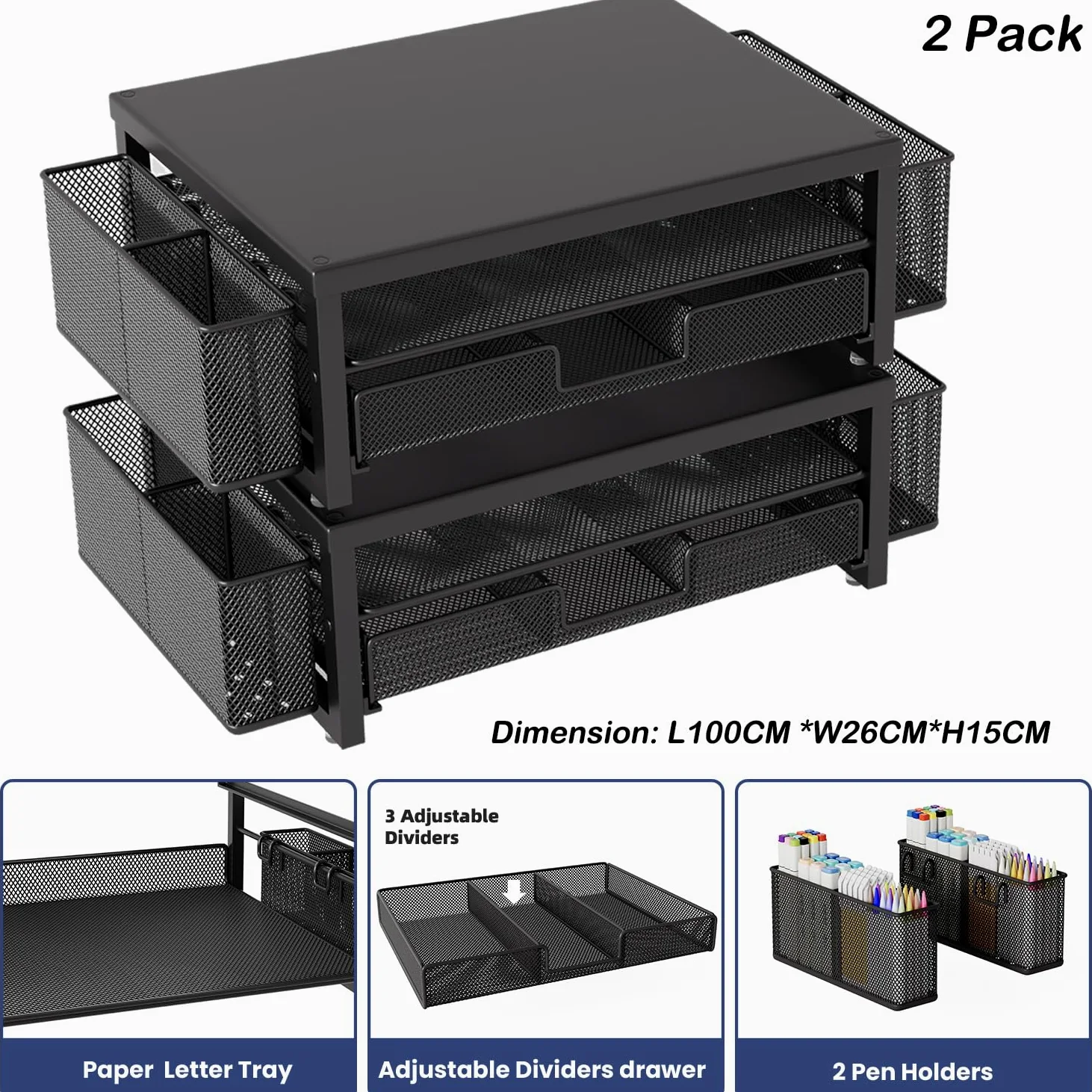 Supporto per monitor in metallo con cassetto e 2 portapenne, per scrivania, accessori da scrivania e supporto per schermo del computer, per stampante (nero) (confezione da 2)