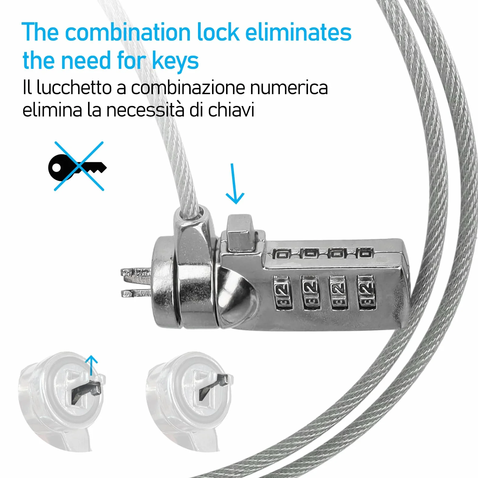 Cavo antifurto 150cm di sicurezza in acciaio, combinazione numerica, compatibile con slot Kensington Standard T-Bar. Uso 2 in 1: protezione notebook e catena per bici, moto, scooter, monopattino ec