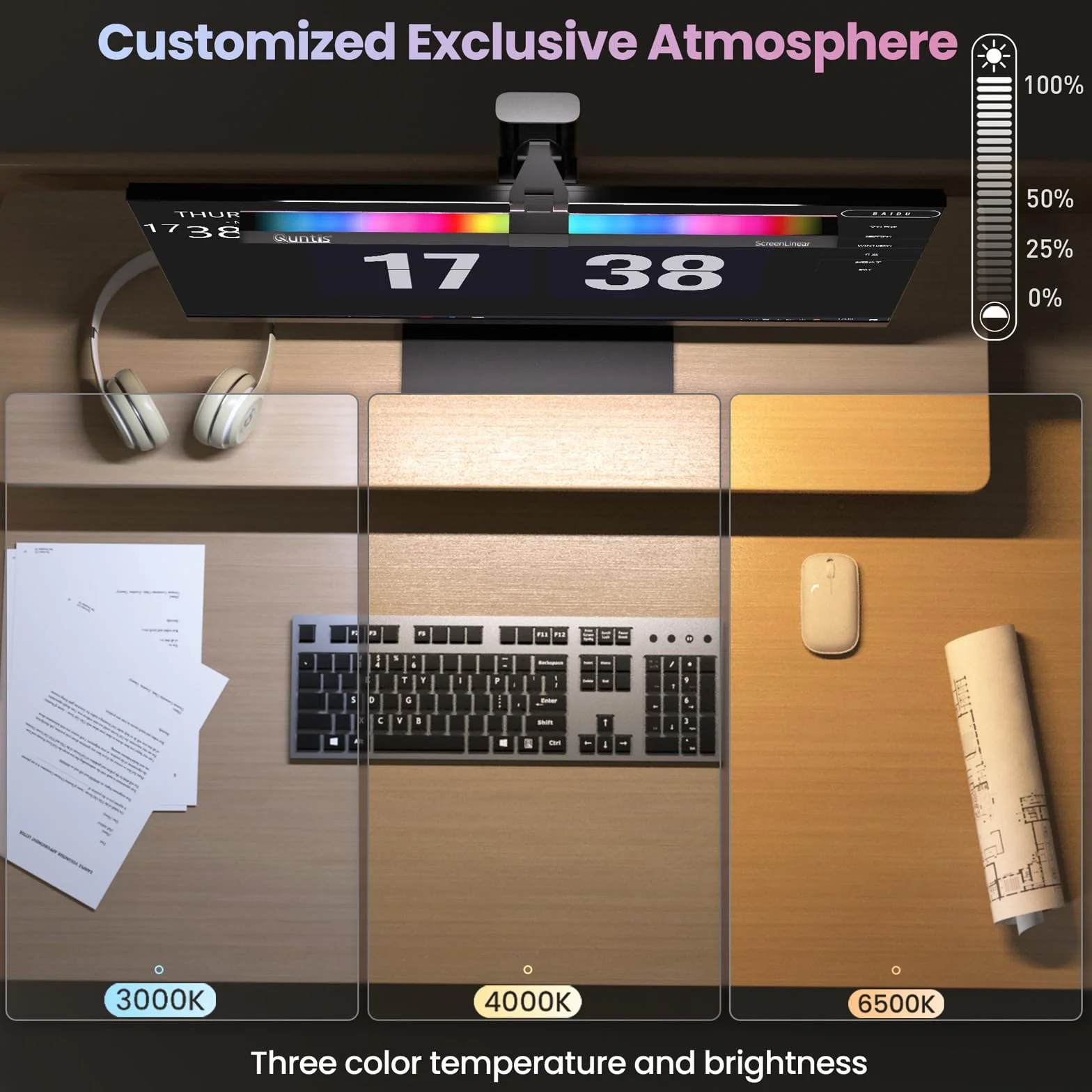 Quntis 40cm Lampada Computer RGB, Light Bar Con Doppia Modalità, Tricolore, USB Luce Schermo PC per Casa e Ufficio, Protezione Occhi - Nero