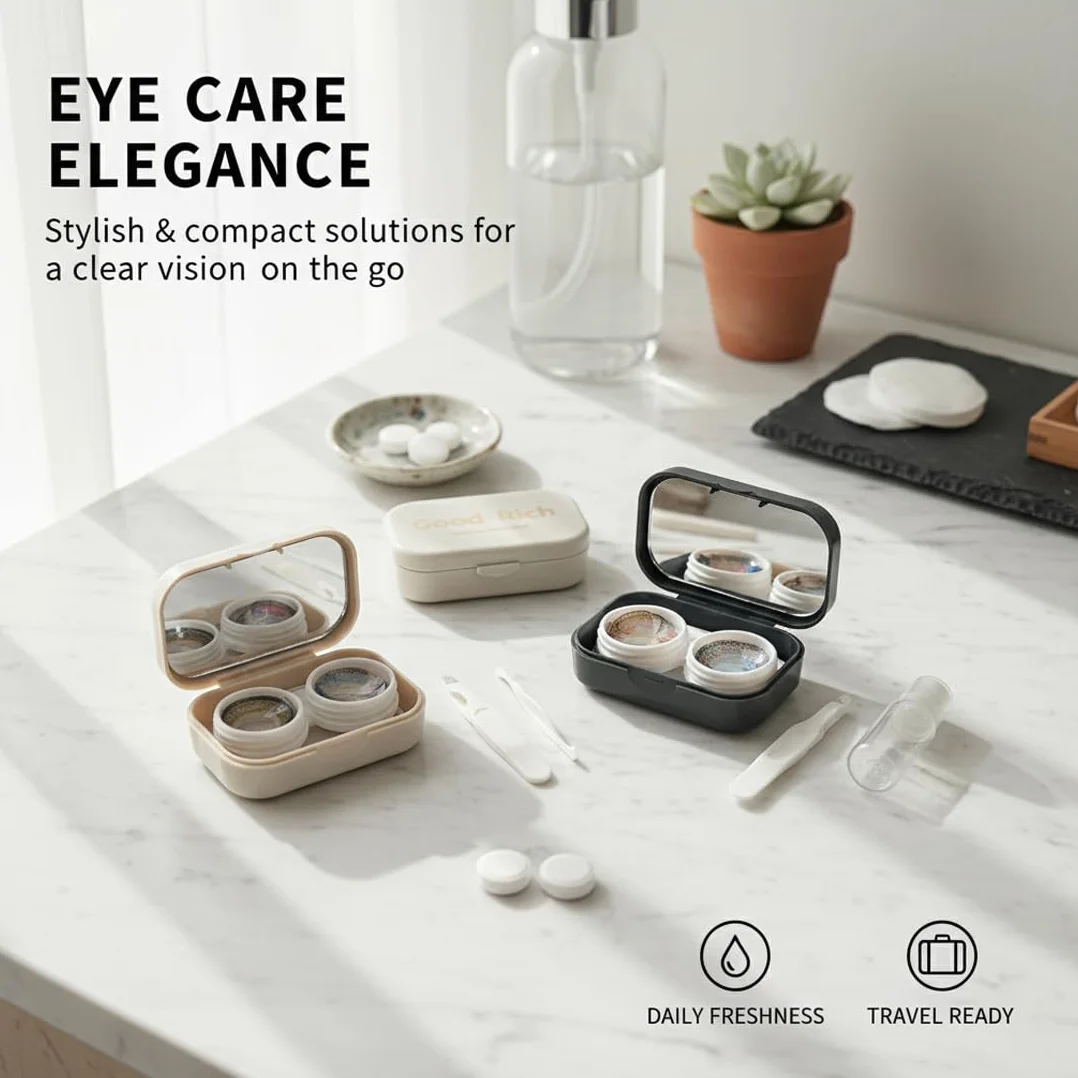 Set da 2 Porta Lenti a Contatto con Specchio Beige e Grigio – Kit da Viaggio Compatto con Pinzette e Ventosa