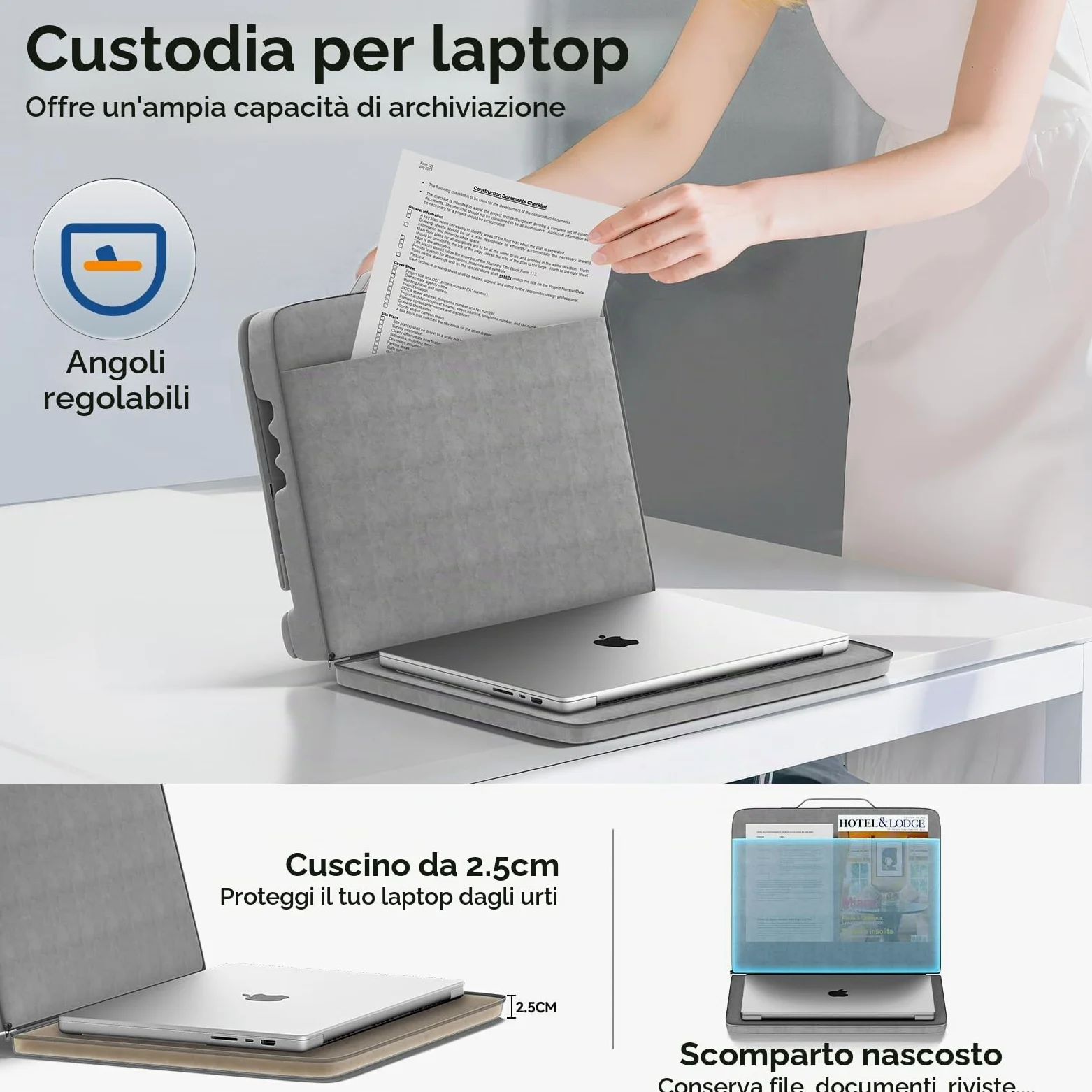 Cuscino per Computer Portatile, Porta PC Scrivania con 3 Angolazioni Regolabili, Cuscino Laptop con Poggiapolsi, Supporto Laptop Scrivania Adatto per Lavoro e Domestico, Grigio