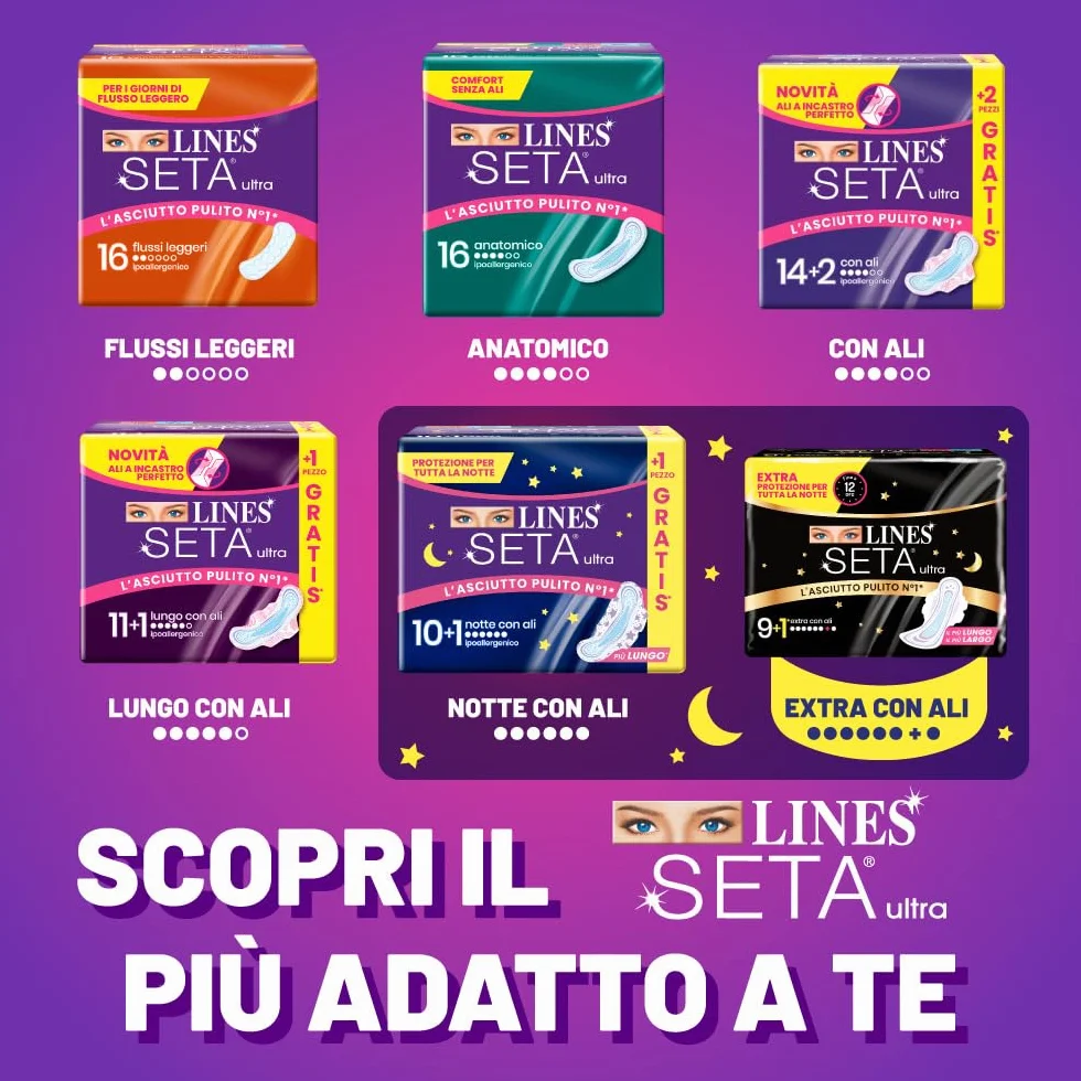 LINES SETA ULTRA EXTRA NOTTE con ali, 10 assorbenti per ciclo mestruale, protezione notturna 12 ore, ipoallergenico