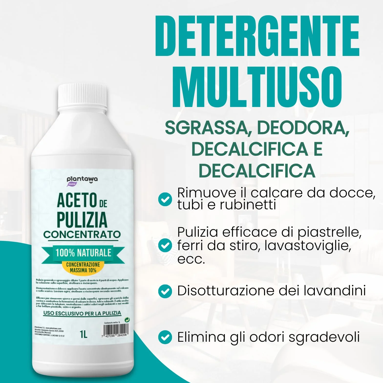 PLANTAWA Aceto bianco per pulire 5L 10º Detergente multiuso naturale antitico disinfetta sgrassa calcare