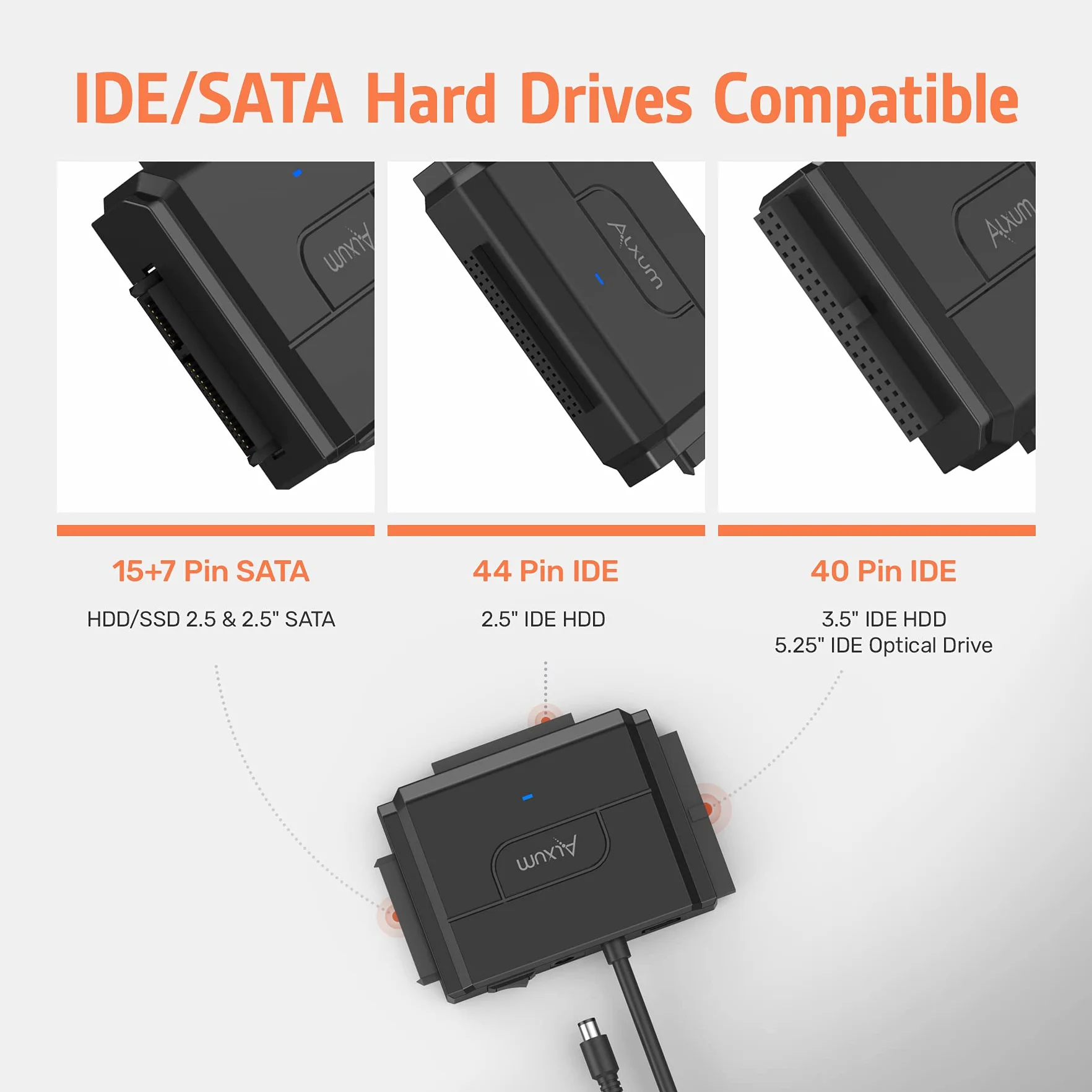 Alxum Adattatore IDE SATA per 2,5/3,5 pollici HDD SSD Disco Rigido IDE a USB 3.0 Esterno Cavo Alimentazione DC12V 2A