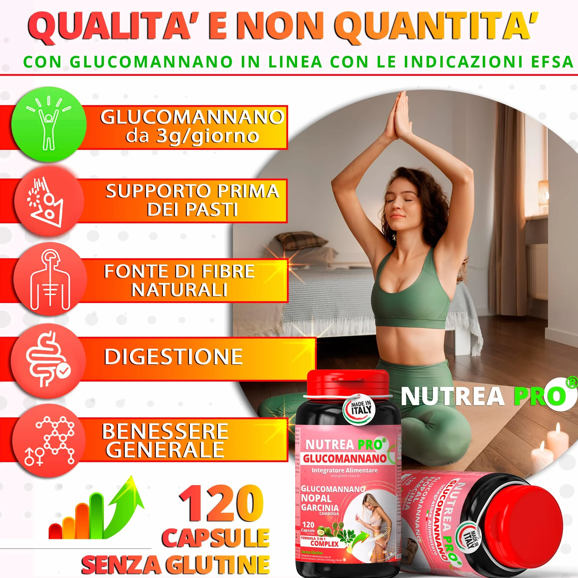 Glucomannano Forte 4200mg Integratore Fibre Naturali 120 Capsule Made in Italy NUTREAPRO®