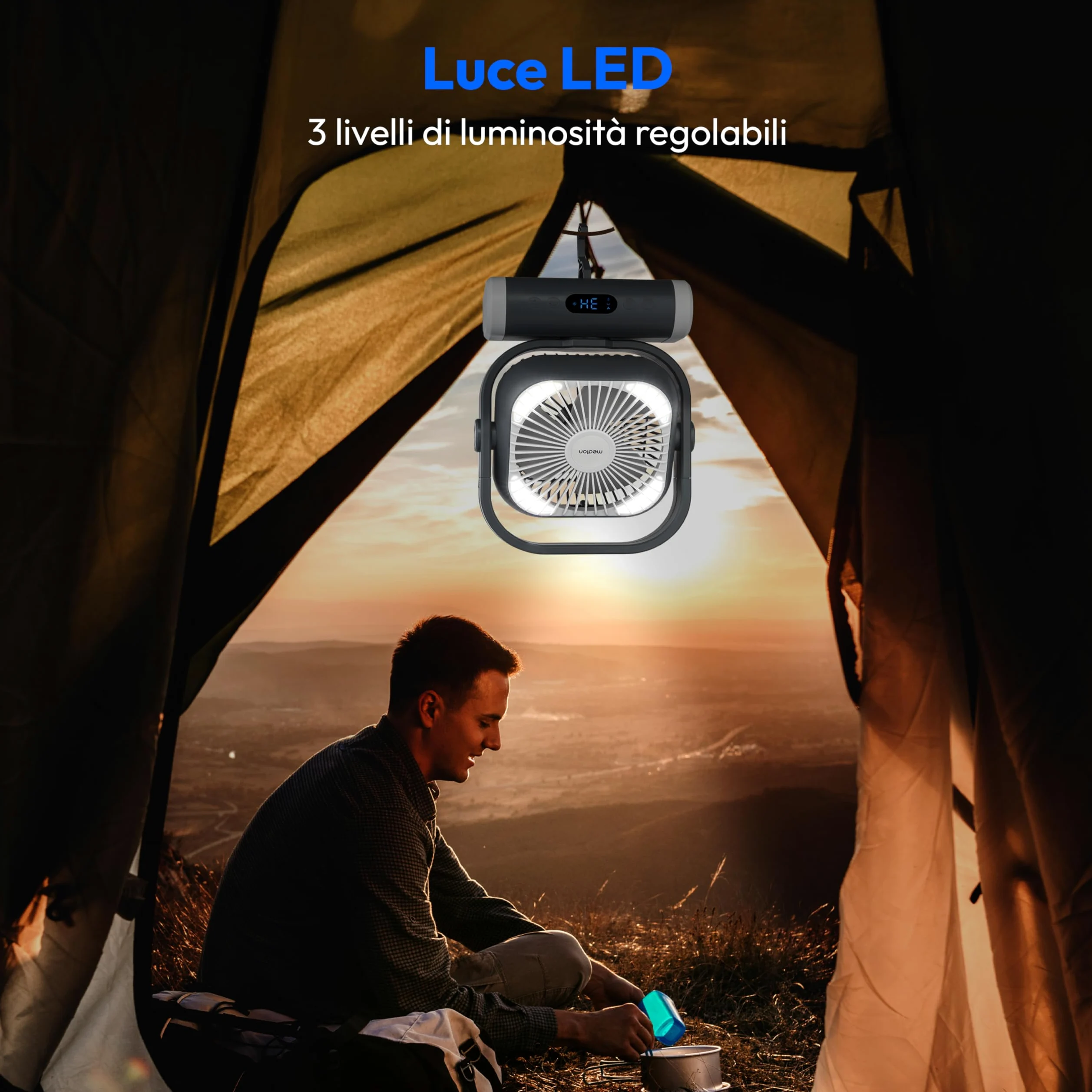 MEDION Ventilatore E10 TF (batteria, mini ventilatore USB portatile con luce, telecomando, 5 velocità, oscillazione, gancio per appendere, funzione powerbank, ideale per ufficio campeggio tenda)