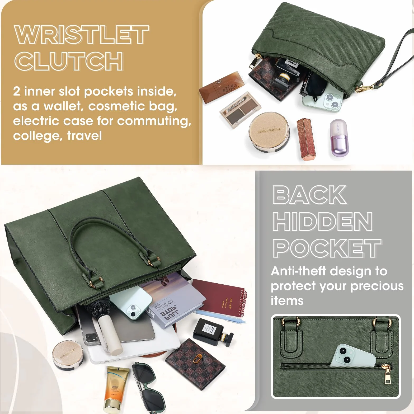 NEWHEY Borsa Donna 15,6 Pollici Laptop Grande Borsa Da Lavoro Tote con Frizione Borsa Cartella in Pelle PU Borsa a Spalla per Scuola Borsa a Tracolla Messenger Ufficio Viaggi Affari