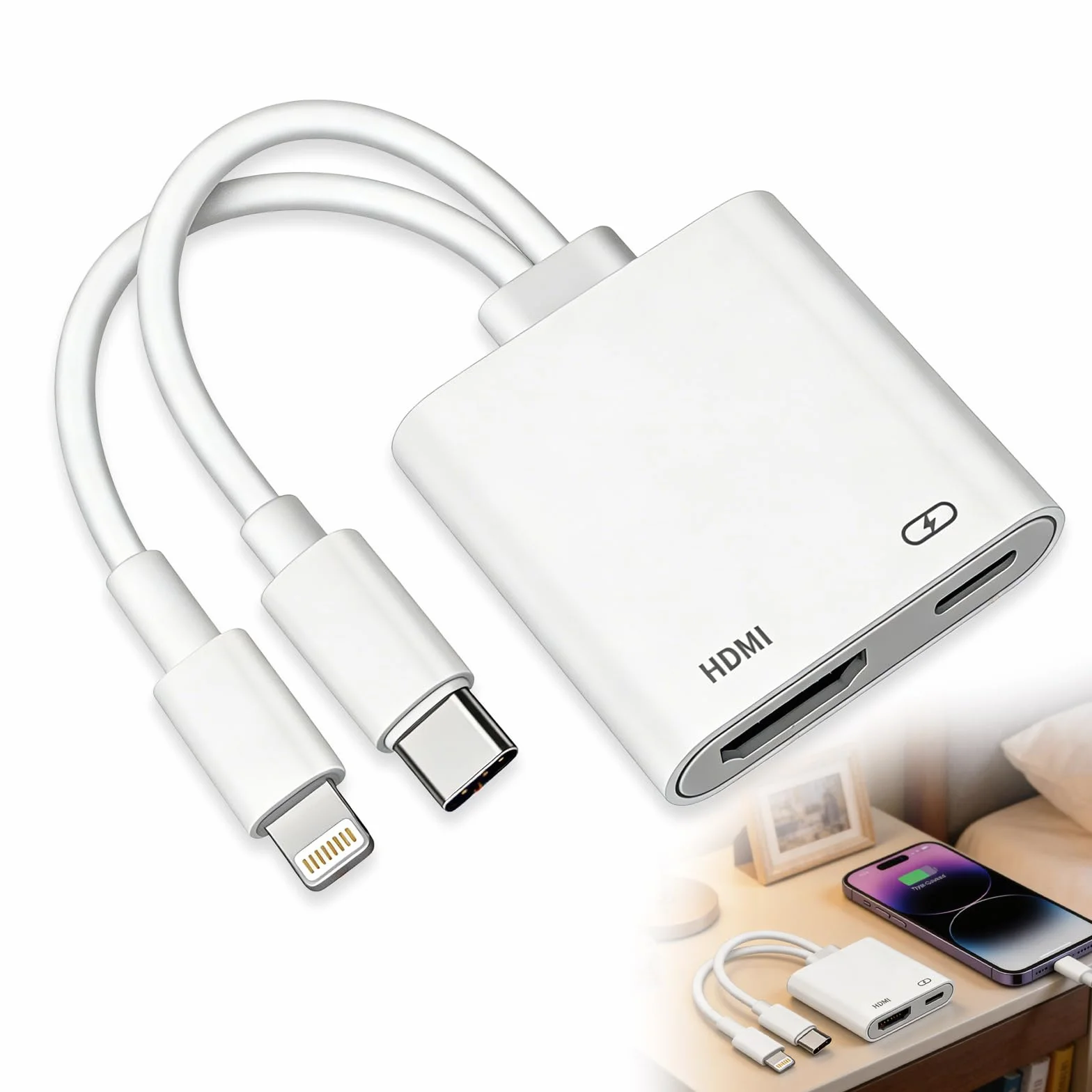 Adattatore USB C HDMI, adattatore da USB C e Lightning a HDMI digitale AV con 4K 60Hz, porta di ricarica, convertitore video audio sincronizzatore, compatibile con iPhone, iPad, MacBook per TV/Monitor