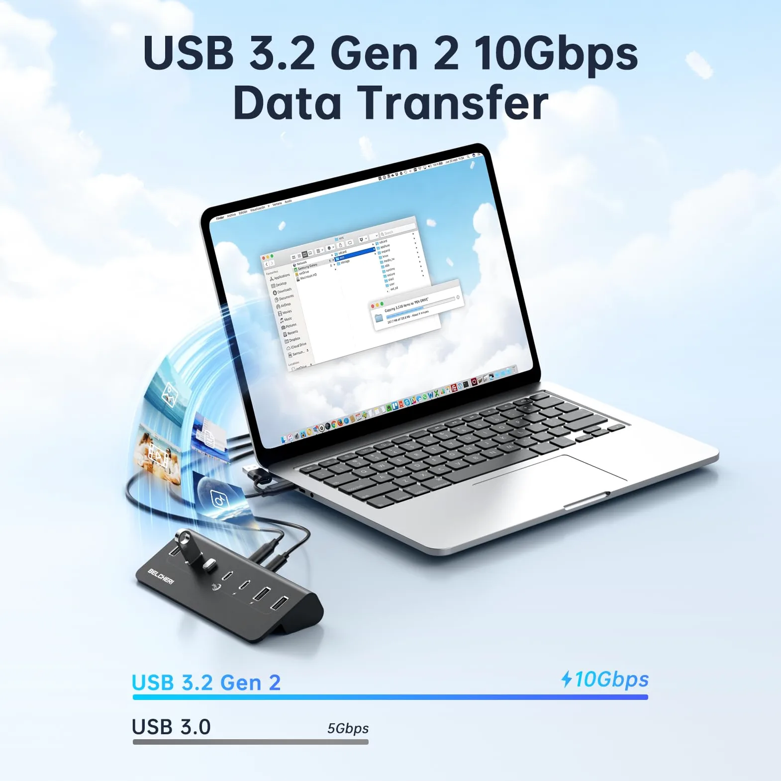 Hub USB C a 7 porte con alimentatore, USB 3.2 Gen 2, 10 Gbit/s ad hub, splitter di prolunga in alluminio con alimentatore da 5 V 3 A, 3 porte USB C e 4 porte USB-A, supporta la ricarica BC1.2