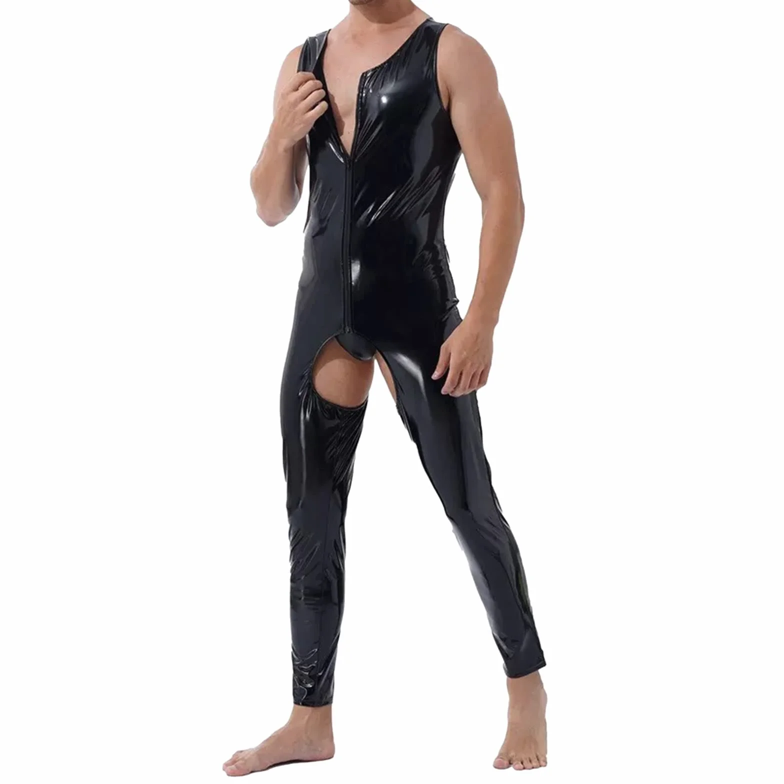 Lattice Catsuit Uomo Tuta Stile Bagnato Slim Fit Pelle Laccata Sexy Clubwear