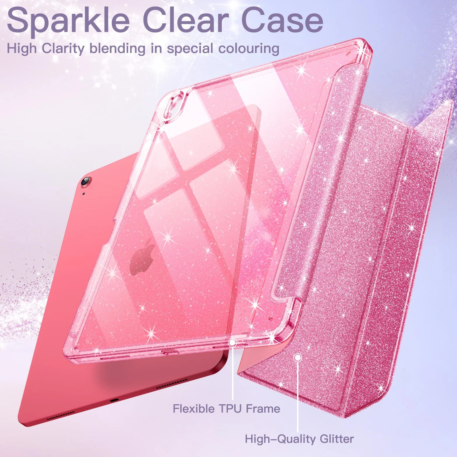 JETech Custodia Glitter per iPad (A16) 11a/10a Generazione (2025/2022) con Portapenne, Cover Sottile Scintillante, Guscio Posteriore Trasparente Lucido (Rosa)