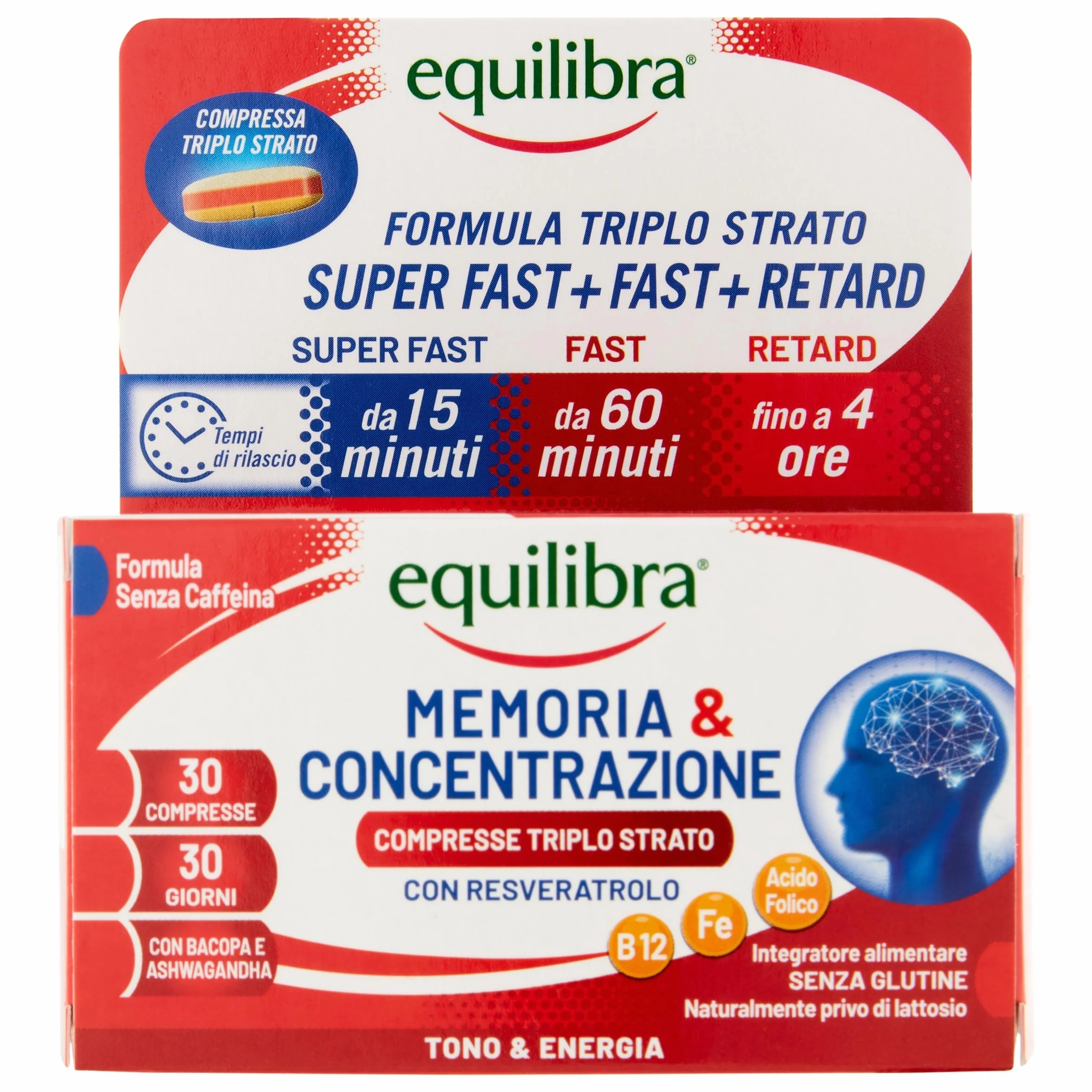 Equilibra Memoria e Concentrazione 30 Compresse Triplo-Strato Ferro Zinco Ashwagandha Bacopa Resveratrolo Integratore Multivitamine e Minerali Rilascio Graduale