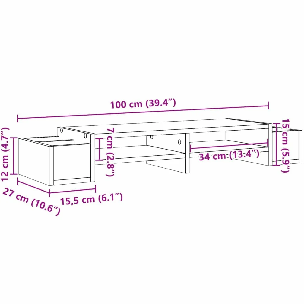 Supporto per monitor con vano portaoggetti, in legno grigio cemento, 100 x 27 x 15 cm, 4 scomparti, per scrivania per computer, scrivania, supporto per laptop, supporto per monitor, home