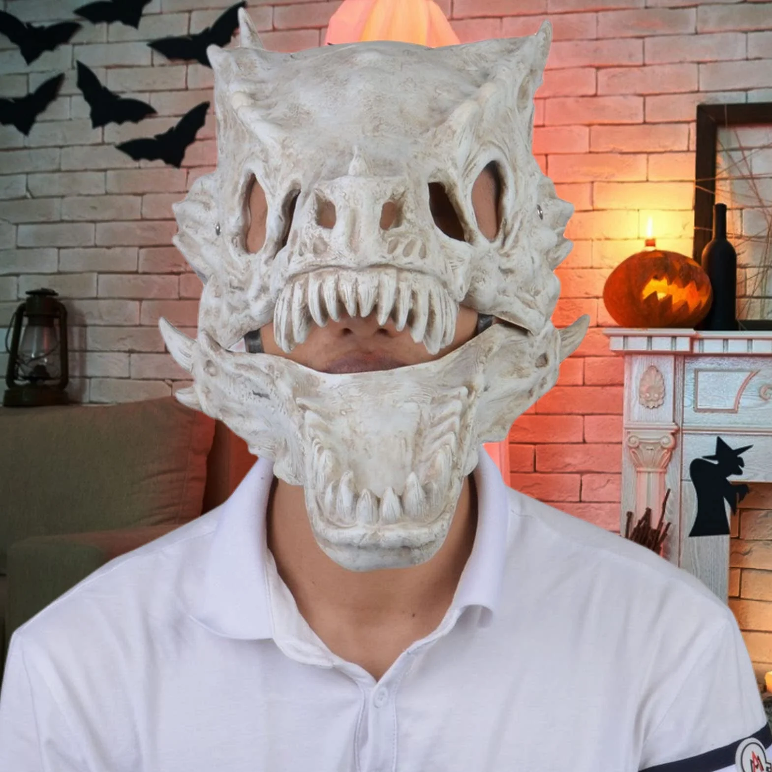 Copertura per viso in lattice con ossa di drago realistica testa di drago copertura integrale copricapo per dinosauri con teschio Halloween
