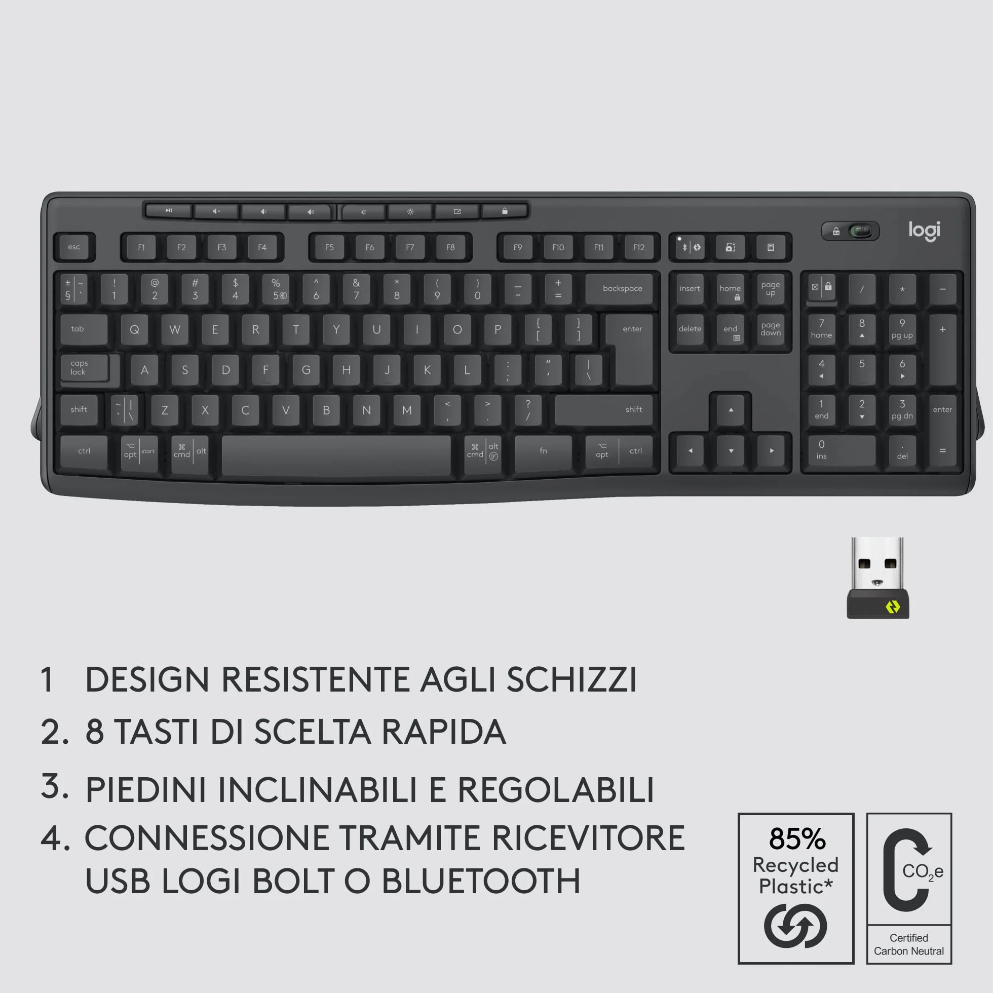 Logitech MK370 Combo for Business, Tastiera e Mouse Wireless Full-Size, ricevitore USB Logi Bolt Sicuro, Bluetooth, Certificazione Globale Windows/Mac/Chrome, Linux, Italiano QWERTY - Grigio