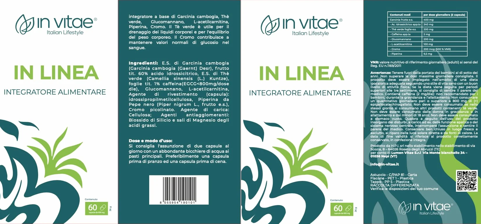 IN VITAE In Linea Integratore Senso di Sazietà e Metabolismo Garcinia Cambogia Tè Verde Glucomannano 60 Capsule Made in Italy