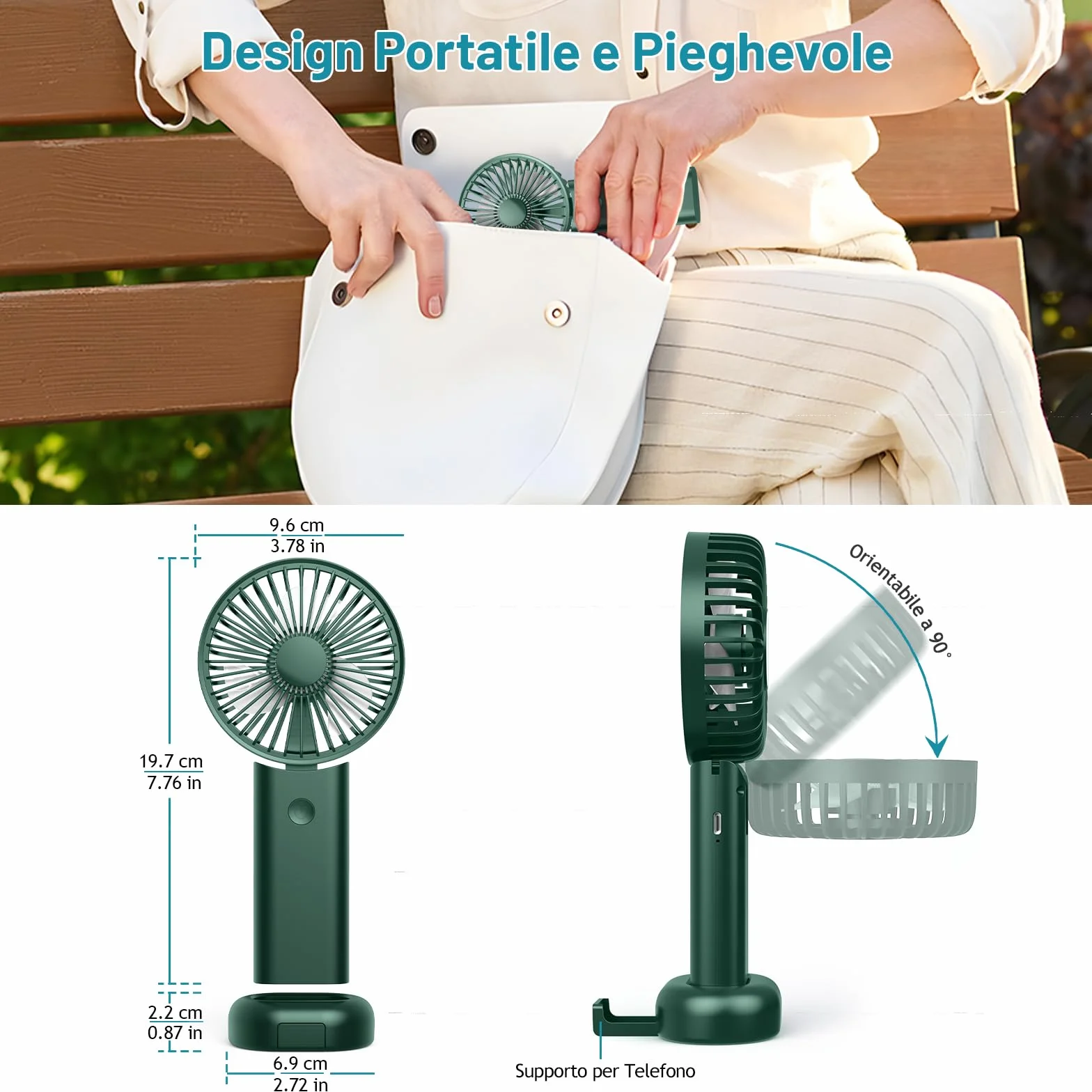 Ventilatore Portatile,Mini Ventilatore USB Ricaricabile,Pieghevole Ventilatore A Mano Silenzioso Potente,3000 mAh, 3 velocità di ventilazione da Tavolo per Viaggi,Ufficio,Campeggio-Verde