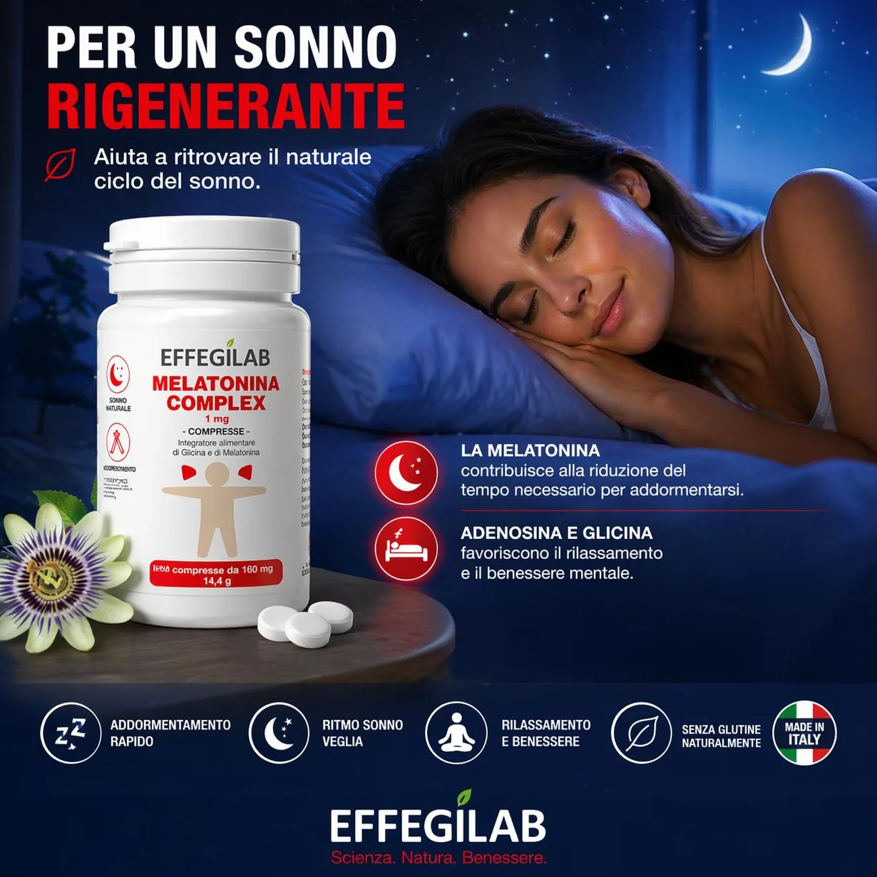 Melatonina 1 mg Complex Effegilab 90 Compresse con Adenosine e Glicina Integratore per Dormire Sonno Naturale
