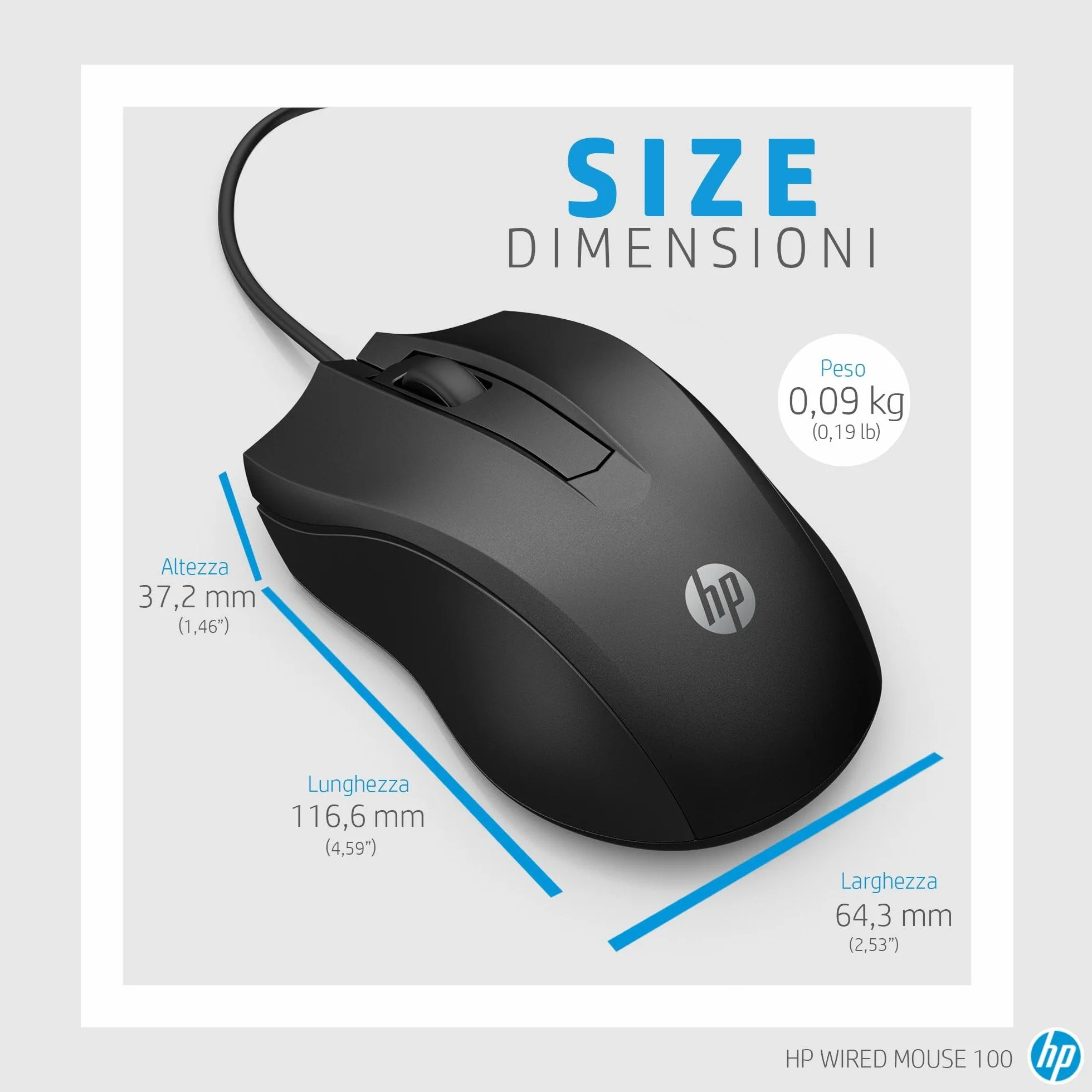 HP 100 Mouse Cablato, 1600 DPI, 3 Pulsanti, Cavo USB-A 1.5m, Ergonomico, Ambidestro, Nero