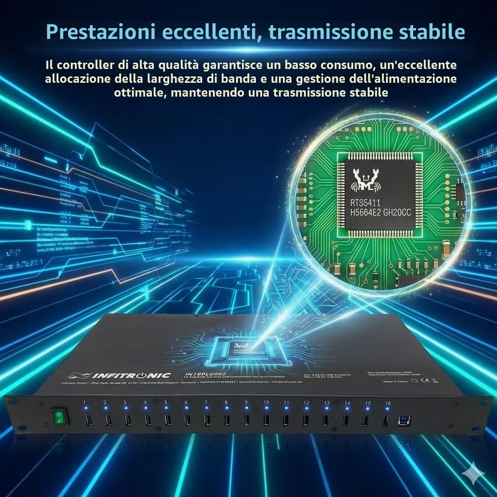 INFITRONIC - Porte USB 3.0 Hub16 USB IN19PLG002-19" con stazione di ricarica e sincronizzazione (1U Rack)