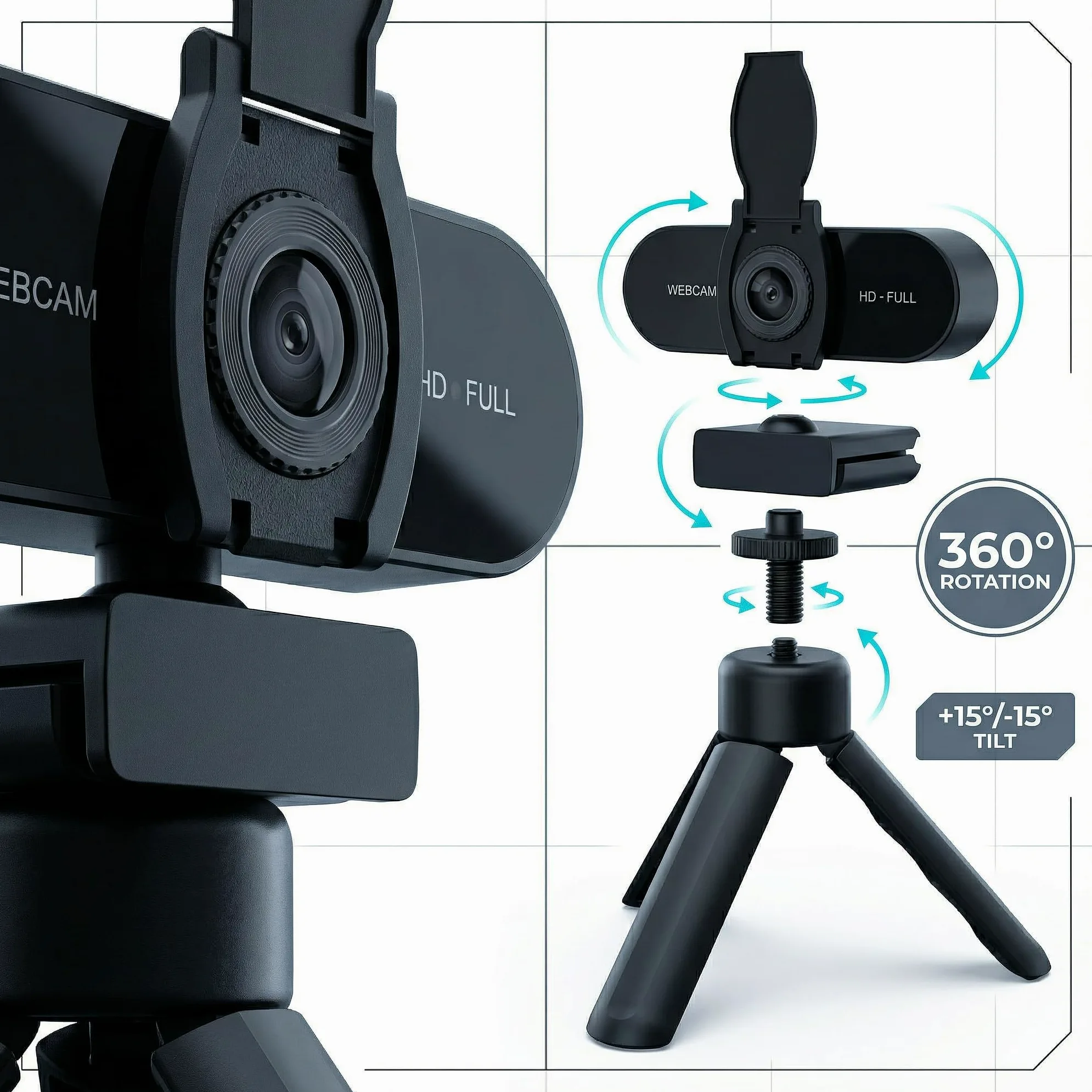 Webcam HD 1080P con microfono, cancellazione del rumore, copertura della privacy, obiettivo grandangolare, correzione automatica della luce, webcam USB Plug & Play per laptop, desktop, PC
