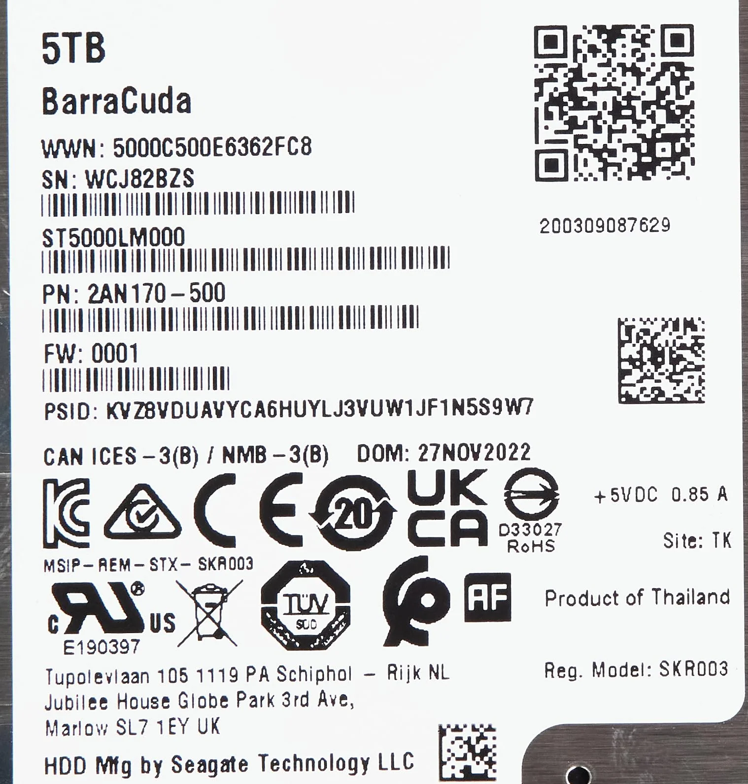 Seagate BarraCuda, 5 TB, Hard Disk Interno, SATA da 6 GBit/s, 2,5", 5.400 RPM, Cache da 128 MB per PC Desktop e PC Portatili (ST5000LM000)