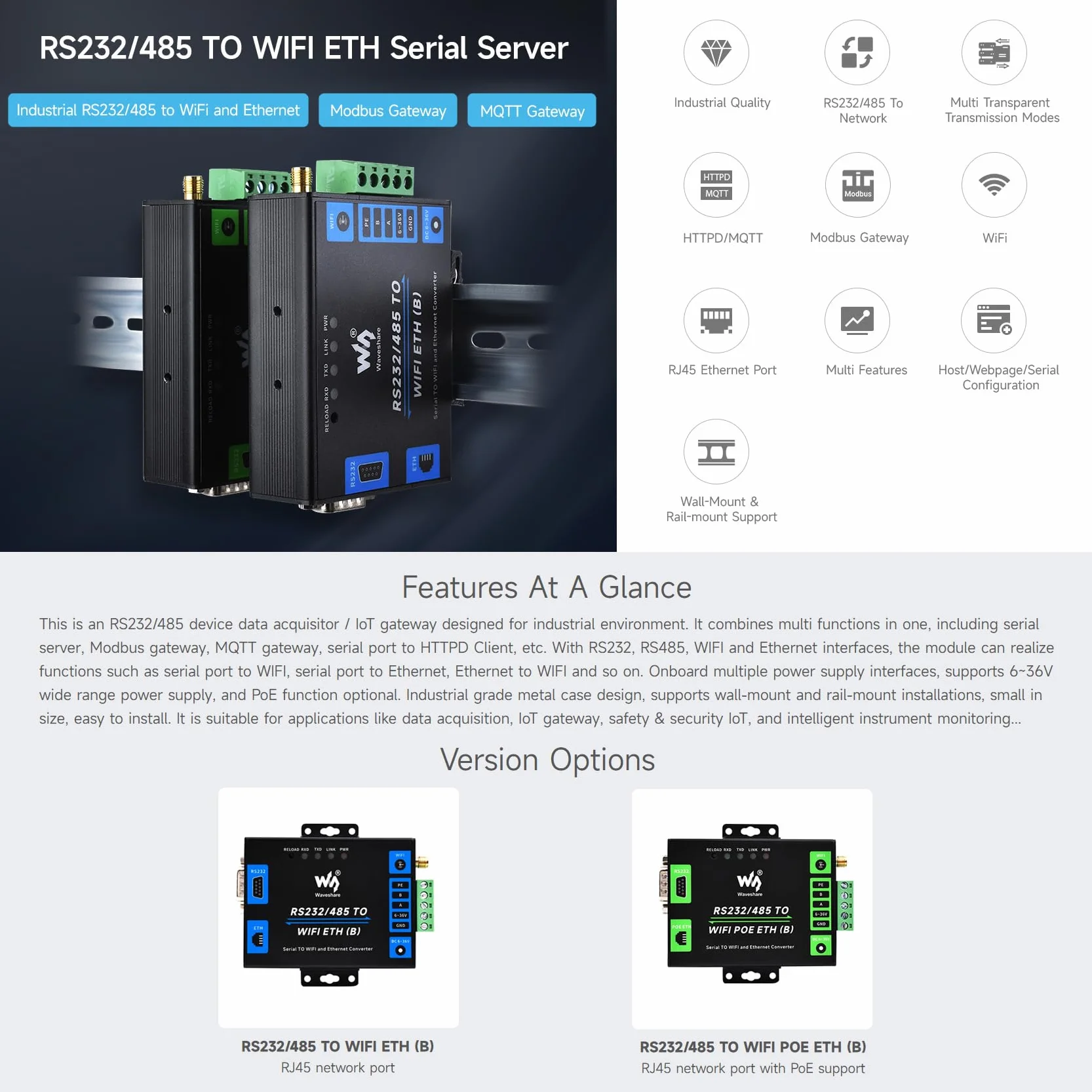 Waveshare Industrial Serial Server RS232/485 to WiFi Ethernet Modbus MQTT Gateway Metal Case Wall-Mount Rail-Mount