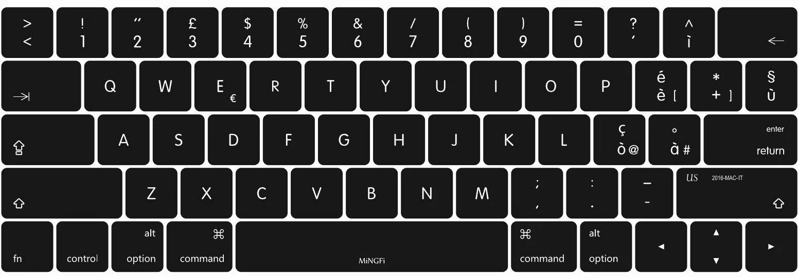 Copritastiera Silicone italiano per MacBook Pro 13" A1706/A1989/A2159 (2016–2020), Pro 15" A1707/A1990 (2016–2019) US/ANSI - Nero