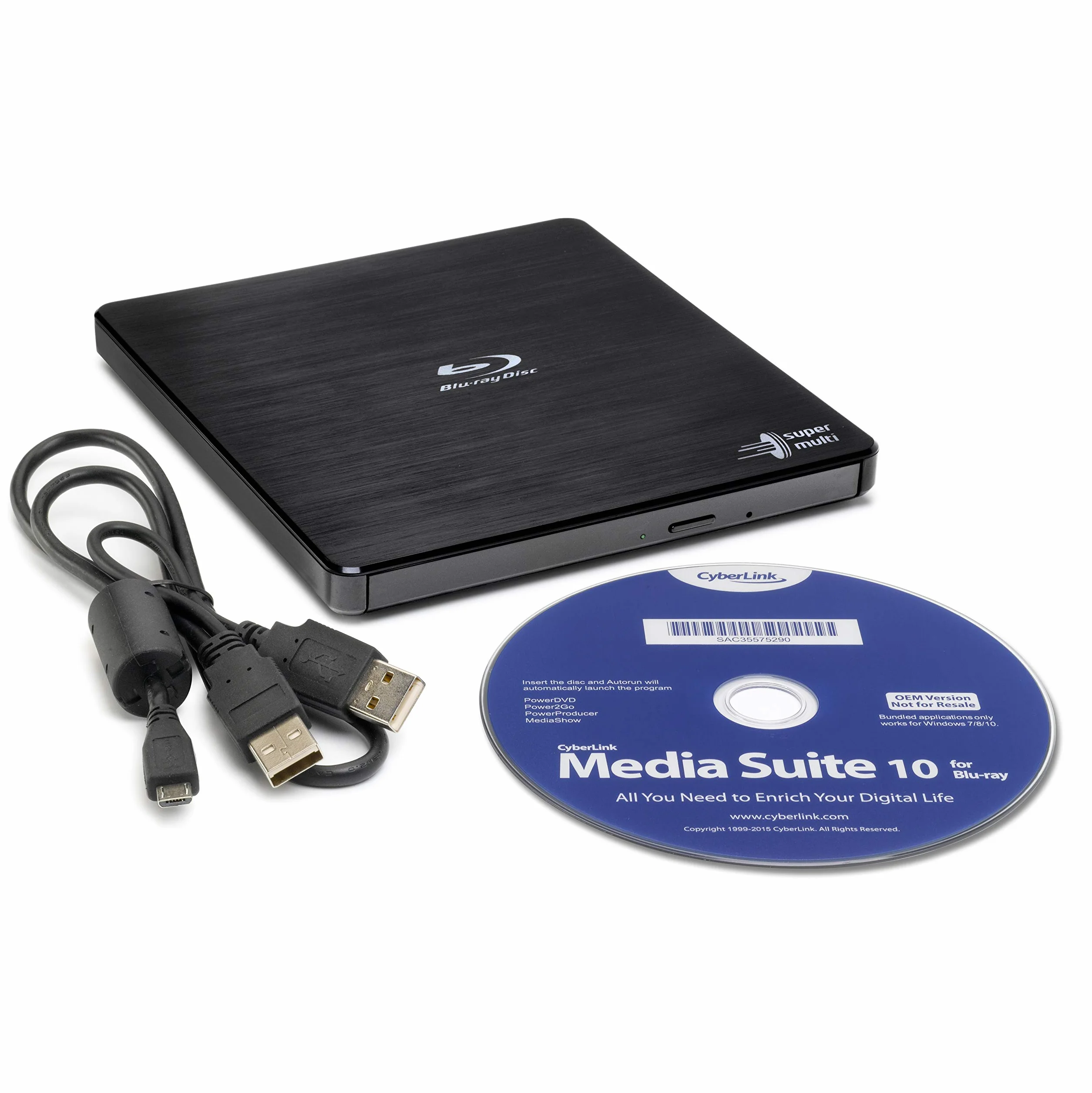 Hitachi-LG BP55 External Blu-Ray Drive, USB 2.0 Slim Portable Player/Rewriter for Laptop, Desktop PC, Windows 11 Compatible, with TV Connectivity, 3D Playback, 8x Read/Write Speed - Black