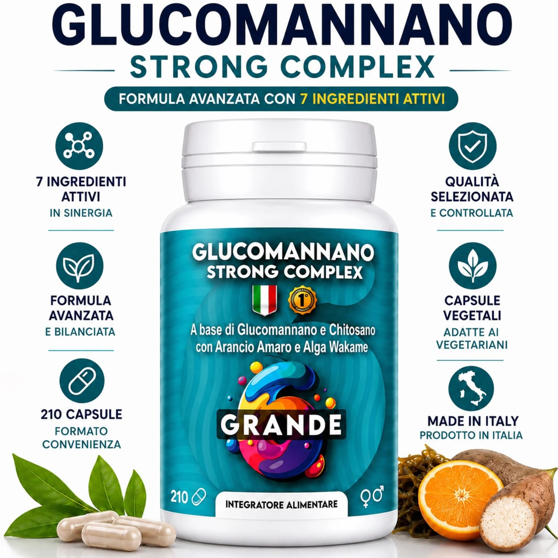 Glucomannano Forte 210 capsule 3000mg per dose giornaliera, alto dosaggio konjac fibra saziante