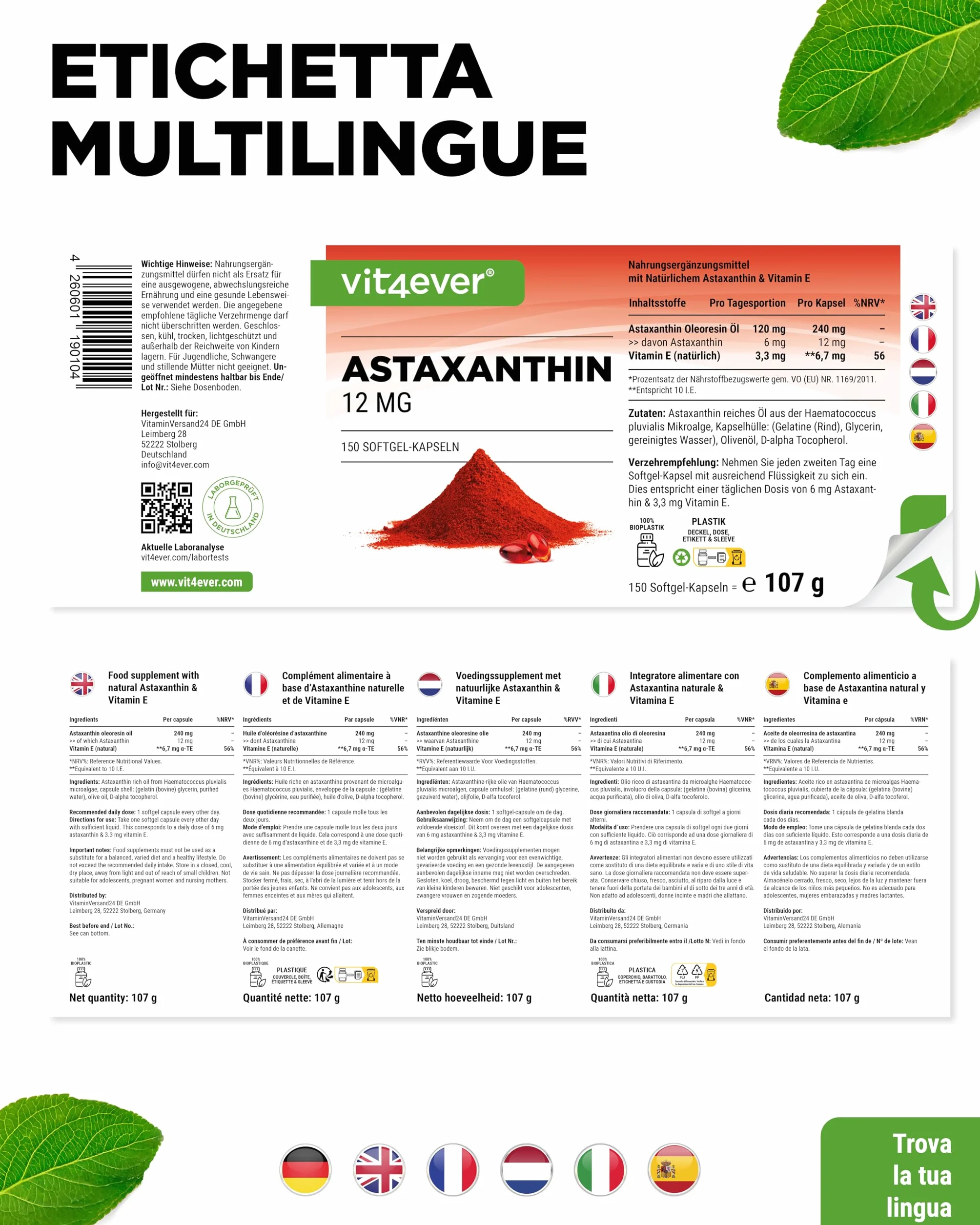 Astaxantina 12 mg Depot 150 Capsule Softgel - Da microalghe Haematococcus Pluvialis - Con vitamina E e olio d'oliva