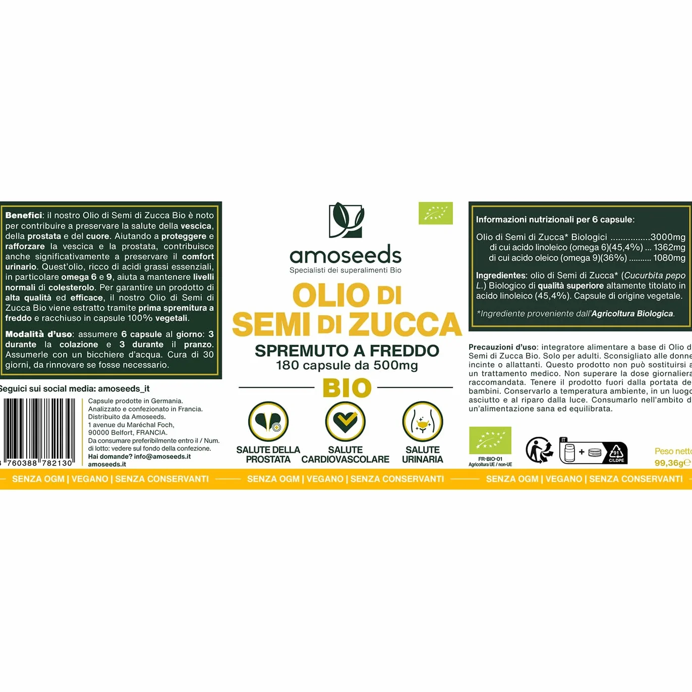 Olio di Semi di Zucca BIO 180 capsule vegetali vegan spremuto a freddo Prostata Salute urinaria