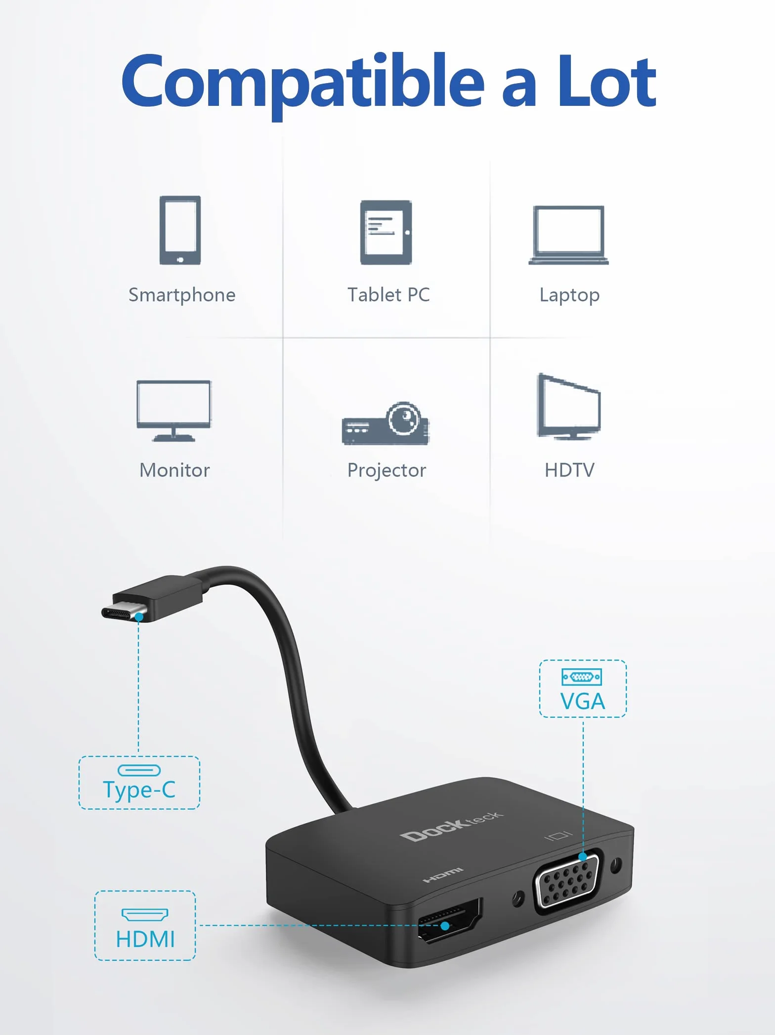 dockteck Adattatore da USB C a VGA HDMI 4K 60Hz connettore monitor su VGA HDMI, adattatore splitter 2 in 1 con HDMI 4K 60Hz e 1080P VGA, per MacBook Pro/Air M1, iPad Pro/Air/Mini 6, Dell Xps 13/15