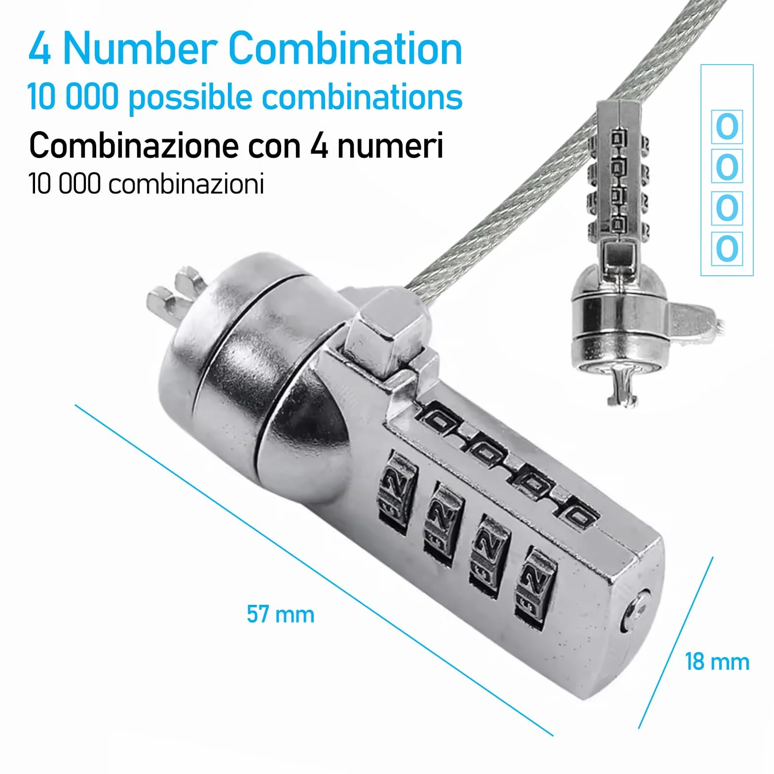 Cavo antifurto 150cm di sicurezza in acciaio, combinazione numerica, compatibile con slot Kensington Standard T-Bar. Uso 2 in 1: protezione notebook e catena per bici, moto, scooter, monopattino ec